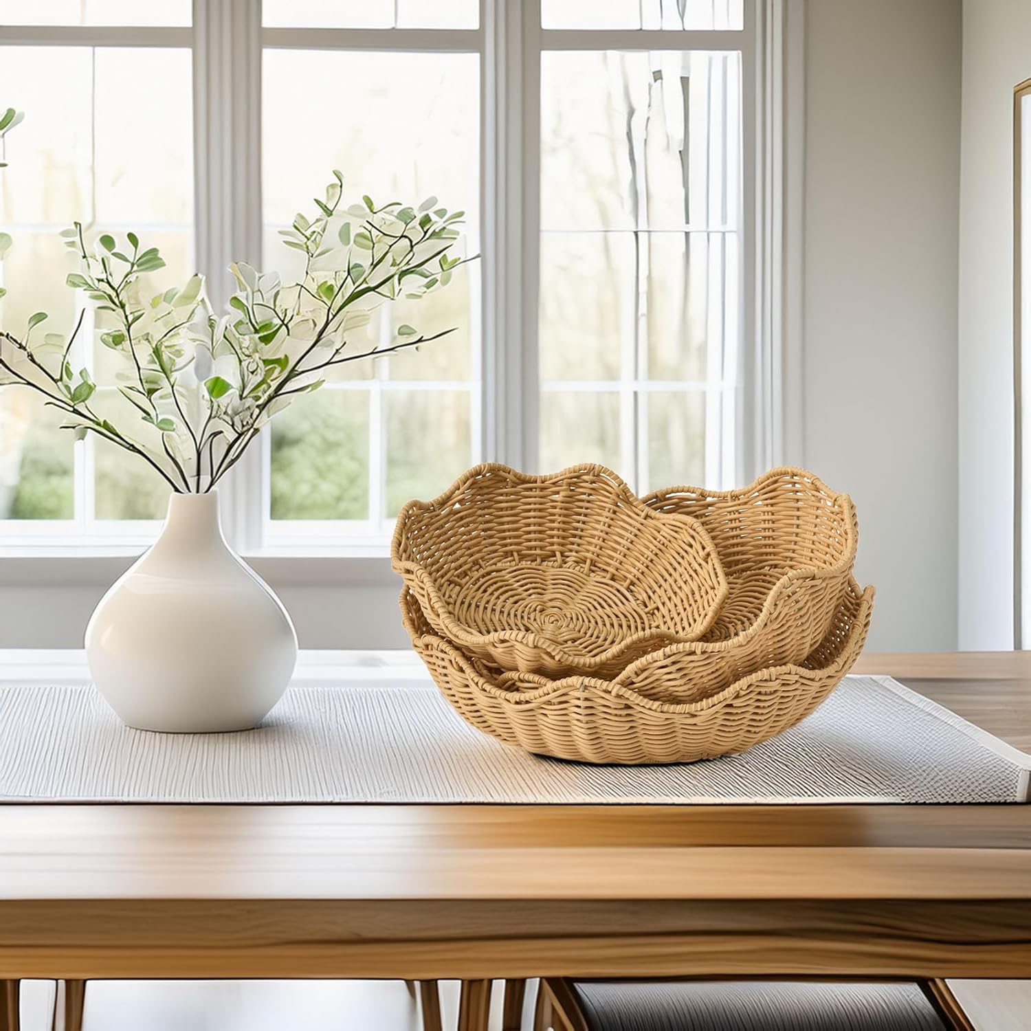 Selene Wicker Storage Baskets Set of 3, 13.7", 11.8", 9.8" Resin Wicker, Brown – Woven Organizers for Kitchen Counter, Fruits, Bread, Vegetables, or Pantry Use