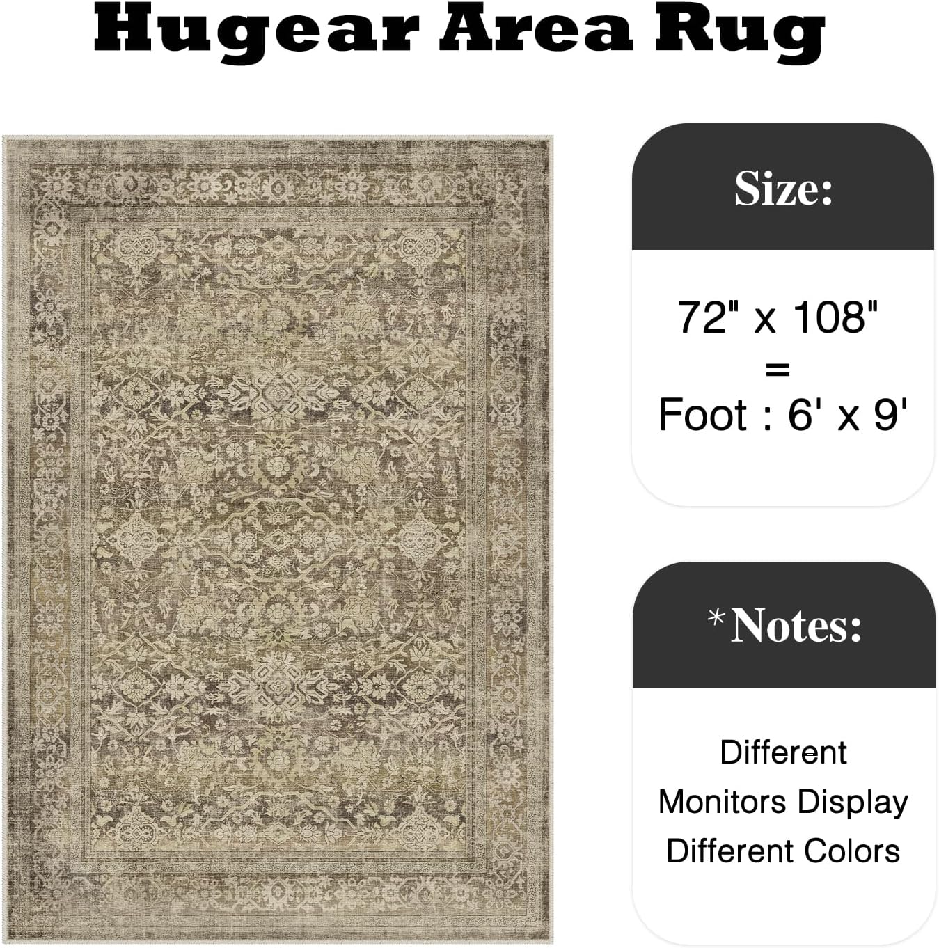 HUGEAR Area Rug 6x9 Retro Brown Machine Washable Living Room Rugs Distressed Vintage Floral Vacuumable Low Pile Carpet Dining Room Bedroom Laundry Office Non Slip Soft Lightweight