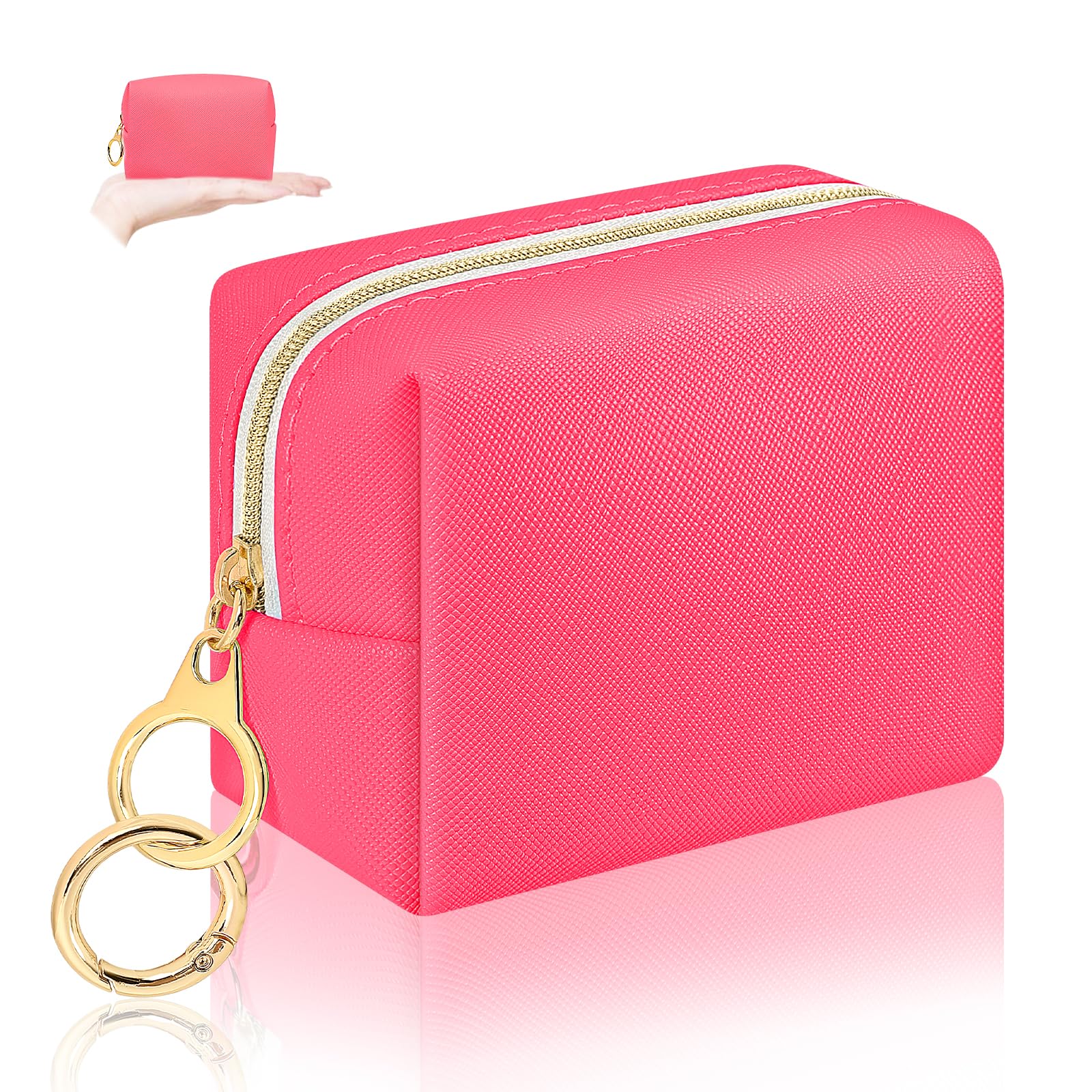 Small Makeup Bag for Purse, PU Leather Mini Cosmetic Bag with Key Ring Portable Lipstick Storage Pouch Travel Makeup Pouch for Girls Women (Rose)