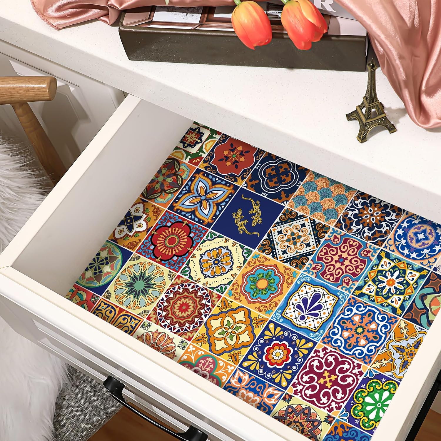 Gersoniel 10 Sheets Mexican Talavera Tiles Drawer Liners for Dresser 19.5 x 14 Inches Mexican Talavera Scented Drawer Liners Non Adhesive Scented Paper for Fragrant Home Shelf Closet (Linen)