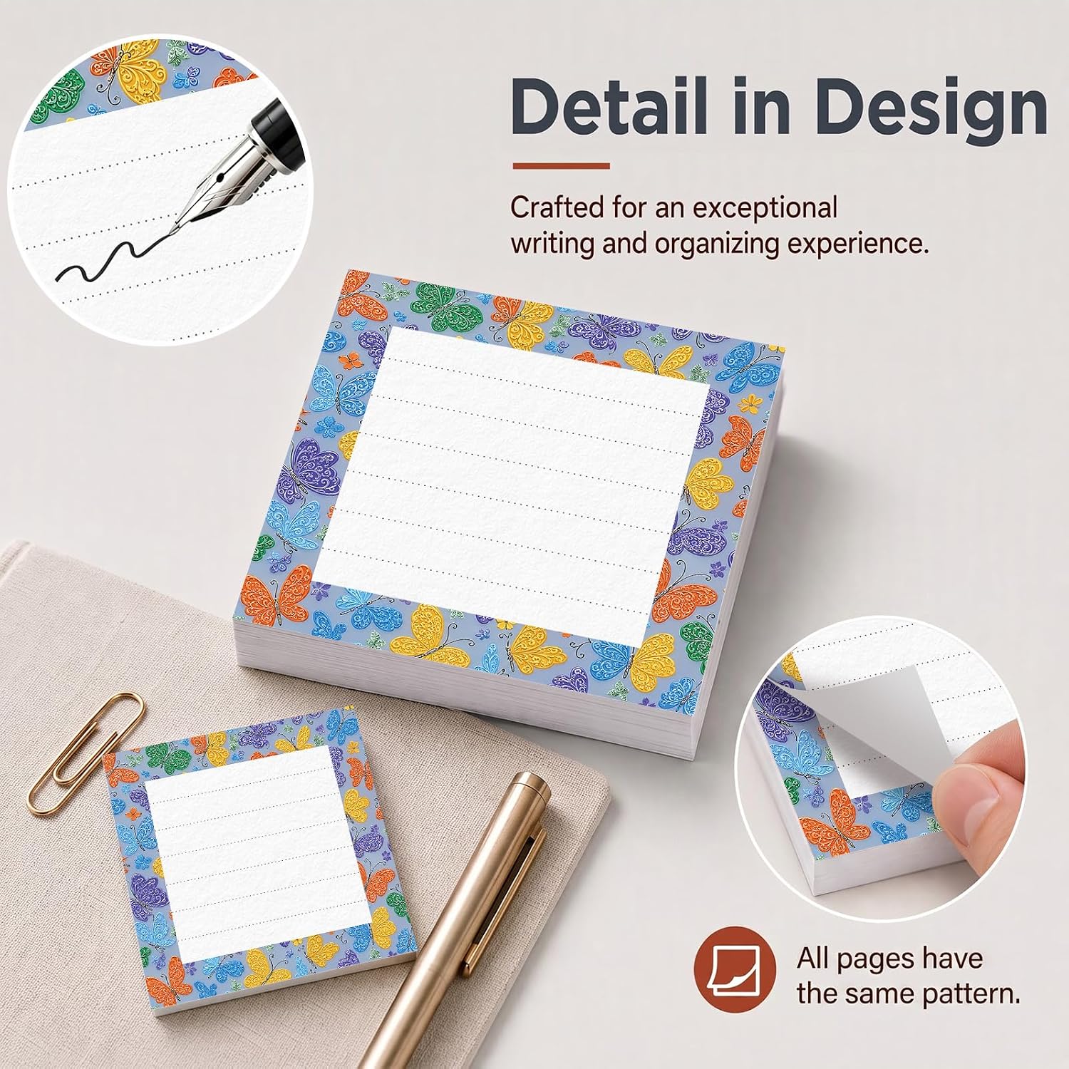 Lined Sticky Notes 3x3 Inches, Cute Self-Stick Pads with Lines, Funny Self-Sticky Note Pads for Office, Home, Organization Cute Colorful Butterfly image 3