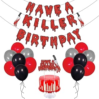 Have a Killer Birthday Party Decorations Kit Friday the 13th Themed Birthday Banner Bloody Cake Topper Balloons for Horror Theme Halloween Birthday Party Photo Props Supplies