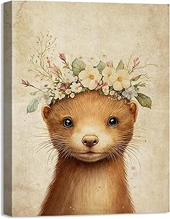 Baby Plum Vintage Animal Wall Art Cute Otter with Flower Canvas Prints Picture Boy & Girl Wall Decor Cute Kids Posters Nursery Safari Painting Jungle Animals Poster Otter Lover Gifts for Kids-12"x16"
