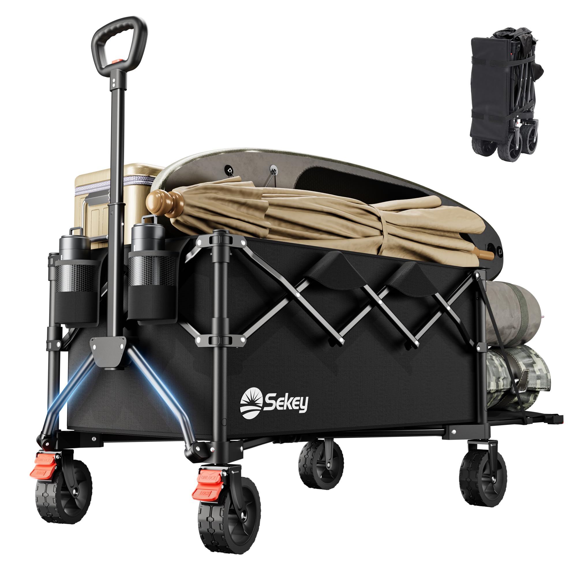 Sekey Festival Trolley with Expandable Tailgate - 350-500L, 440LB Heavy Duty Folding Camping Wagon, Brake, All-Terrain Wheels, Patented 4-Way Folding & One-Click Adjustable Handle, Beach Cart - Black — image 1