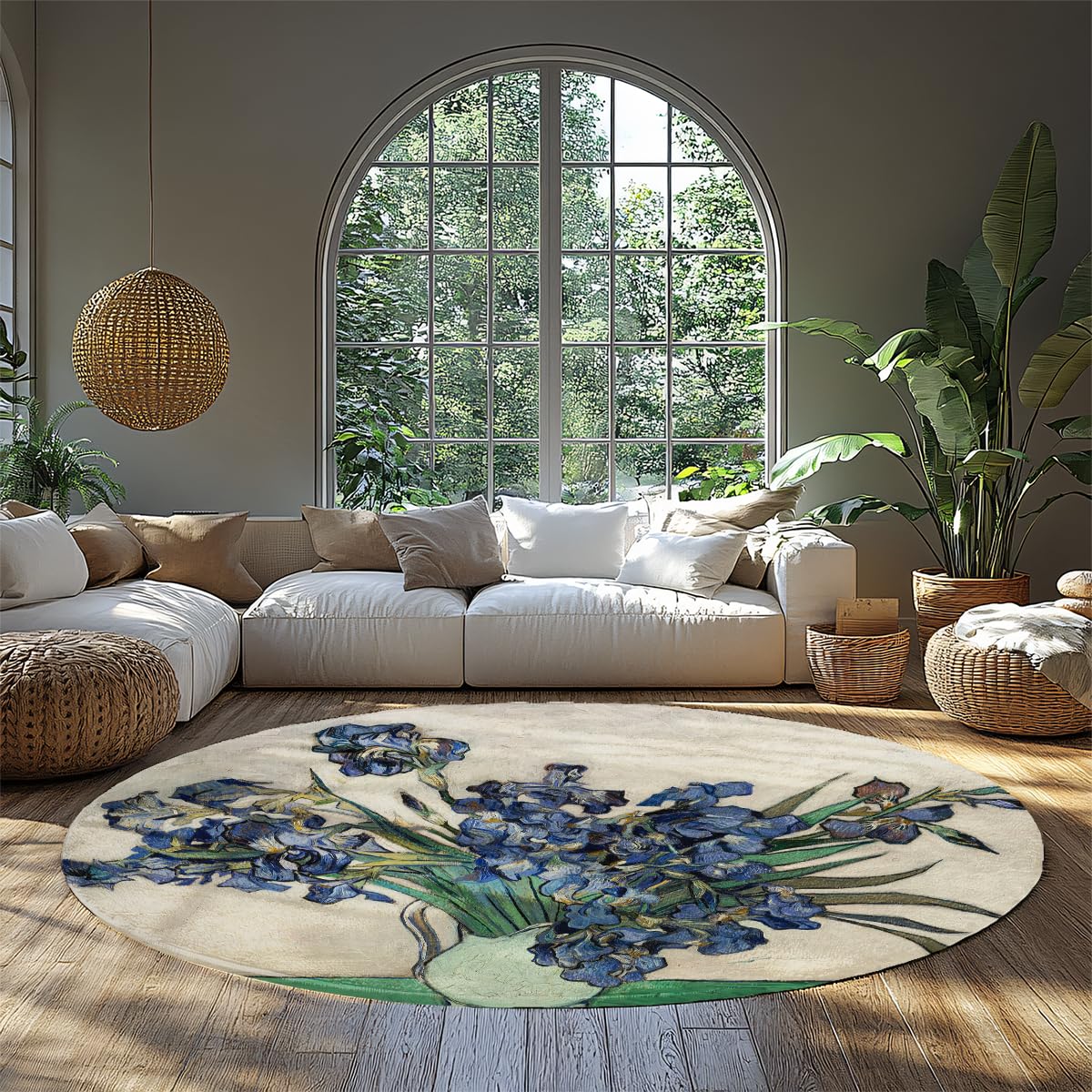 Tapis rond lavable 135cm bleu vintage floral iris antidérapant crème vert pour salon et chambre