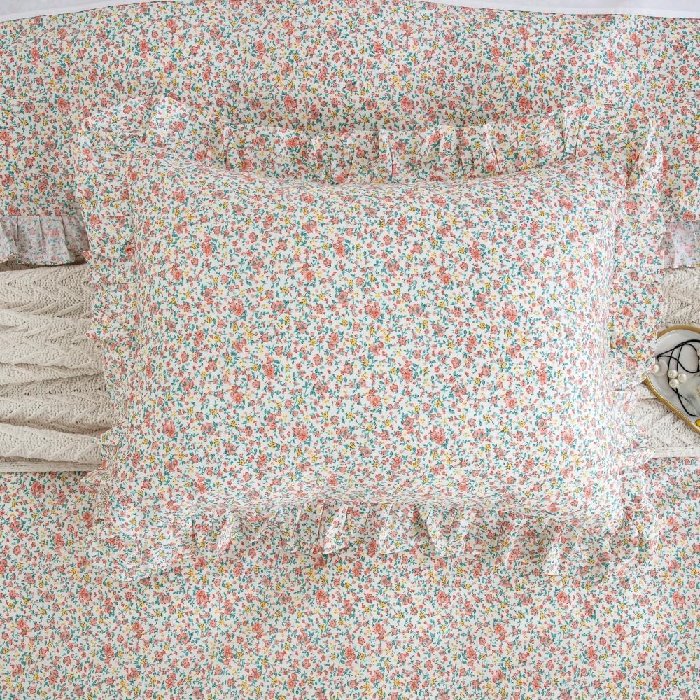 DAUAOTO Full Size Ruffle Duvet Cover Set, 100% Cotton, Kids Teen Girls Duvet Cover 82"X86" + 2 Shams, Ditsy Floral Pattern Pink