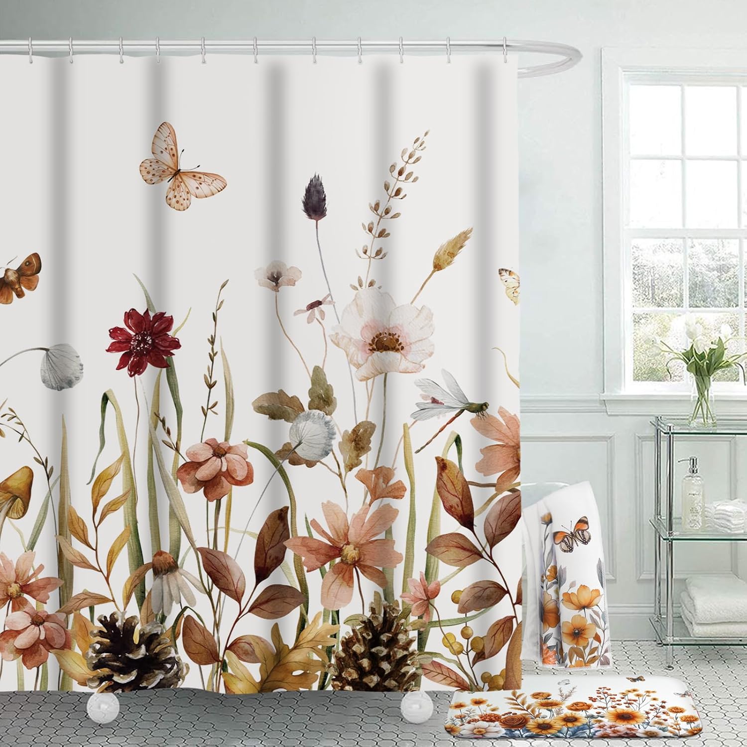 Honoson 8 Pcs Spring Floral Shower Curtain Set with Rugs and Kitchen Towels Wildflower Farmhouse Shower Curtain Bathroom Set for Farmhouse Country Summer Housewarming Gifts Decor