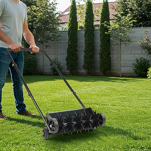 19in Push Spike Aerator, Heavy Duty Rolling Lawn Aerator, Rotary Spike Lawn Aerator, Manual Aeration Equipment with U-Shaped Handle, for Lawn Garden Yard Grass Aeration