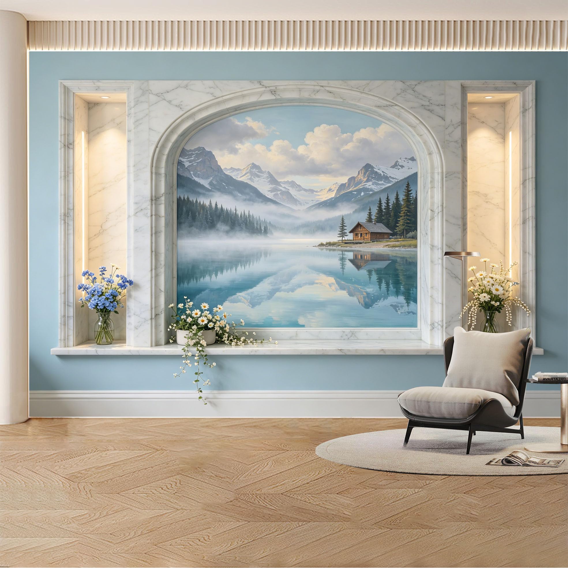 Kayorowalls Bh20260620042 Custom Wall Mural Wallpaper Mountain Lake Landscape Nature 3D Effect Wall Decor Misty Nordic Style Removable Selfadhesive Large Photo For Living Room， Bedroom， Office