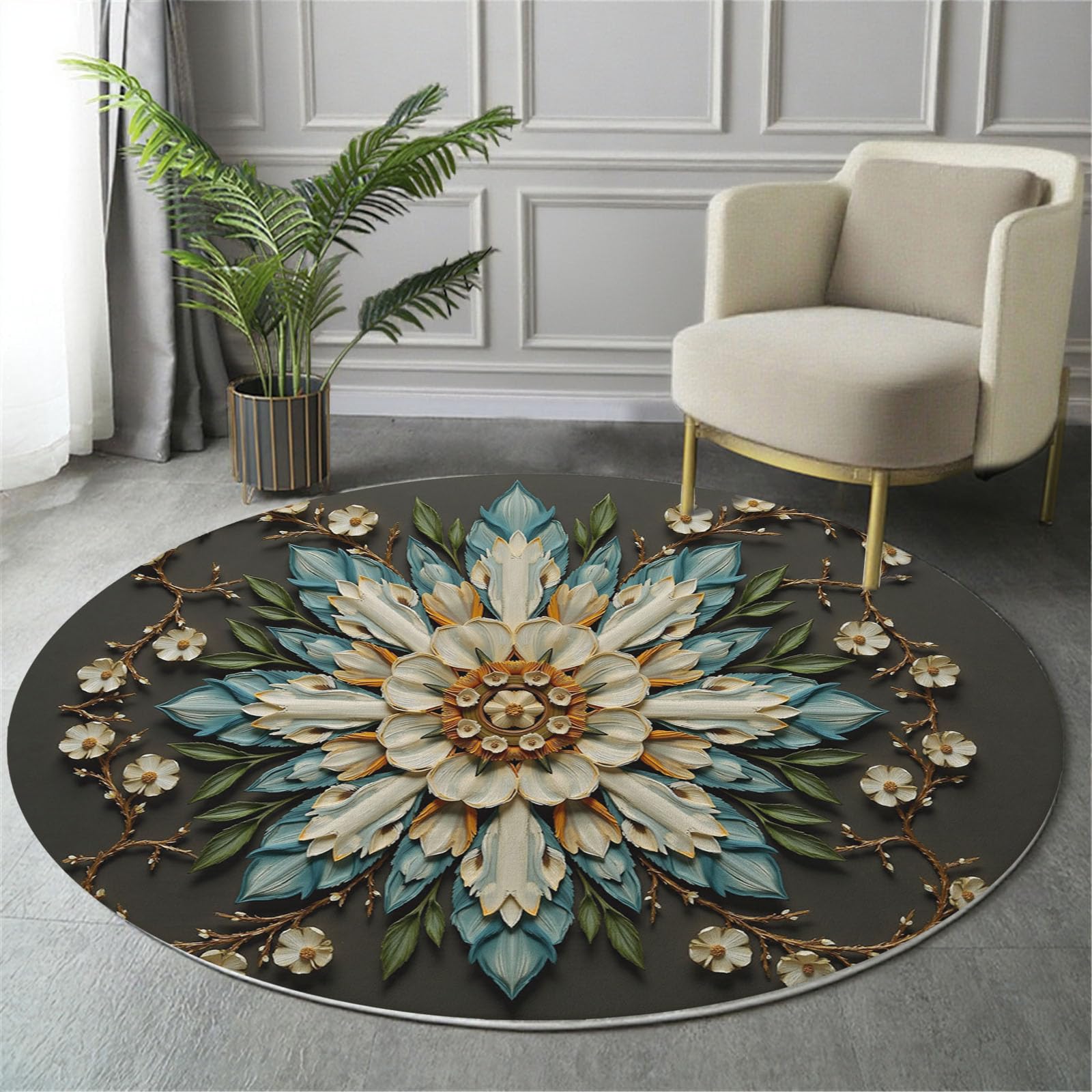 Rond Tapis pour Enfants Chambre, Bohème Mandala Décoration Florale, Lavable Antidérapant, Salon Doux Pelucheux intérieur Sol Décoration Maison Tapis (Bleu Blanc, 200cm)