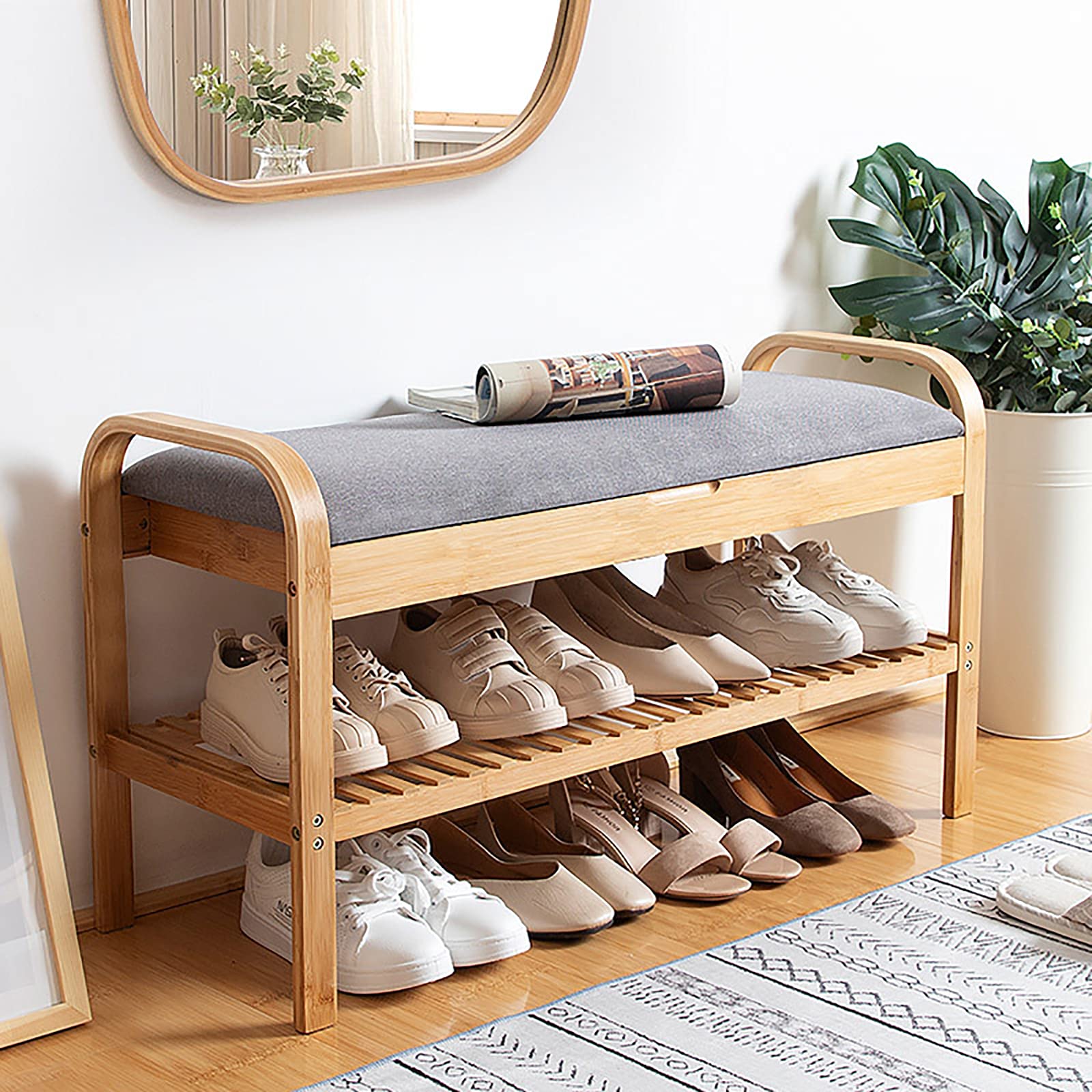 MYUYEE Bamboo Shoe Rack Bench With Hidden Storage Space,Linen Upholstered Entryway Shoe Bench Seat,Rustic Storage Bench Hallway Shoe Orga Storage-Original 90X50X33Cm(Original-90X50X33Cm)