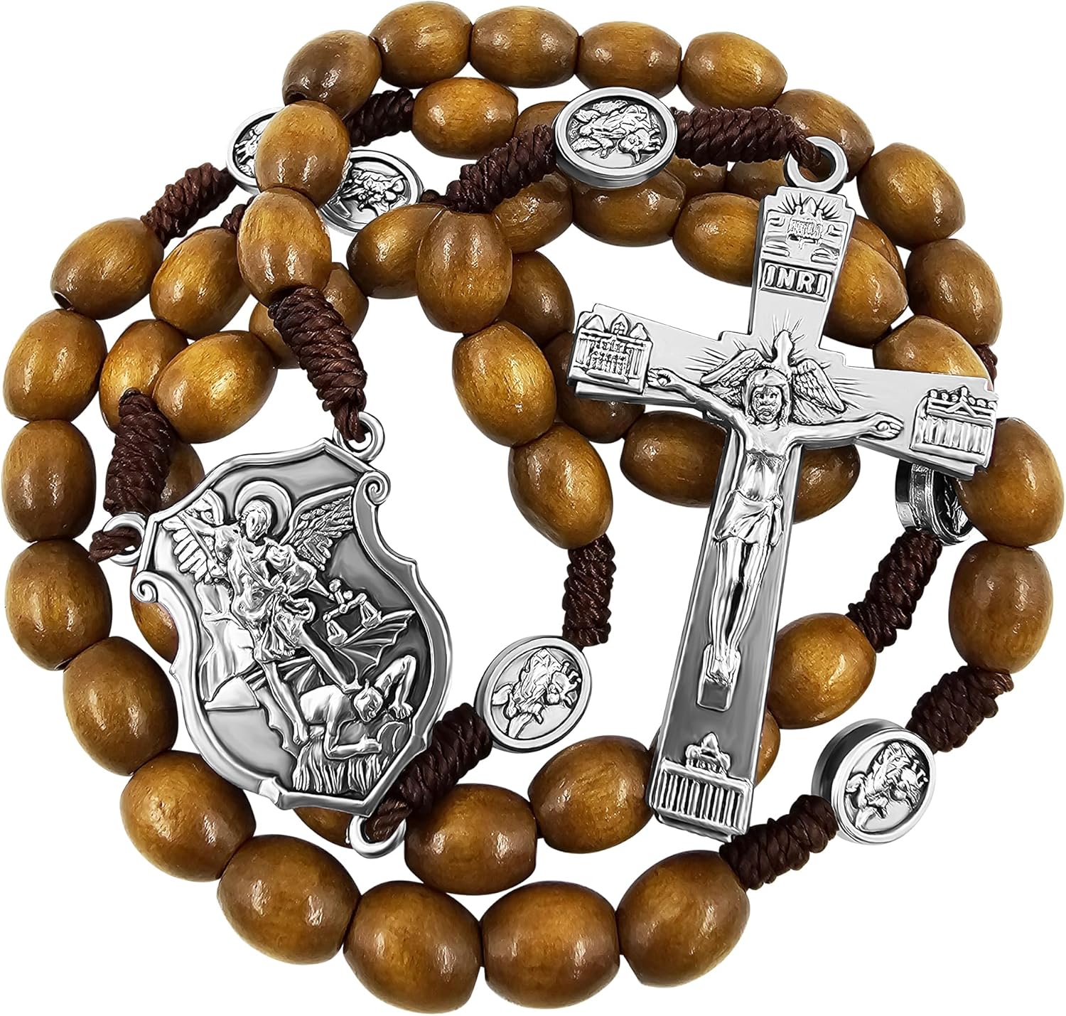 TALISMAN4U Saint Michael the Archangel Solid Wood Rosary Beads Catholic Necklace for Men Holy Trinity Cross Crucifix Guardian Angel Medals Corded Rosaries Gift Rosary Pouch & Prayer Card