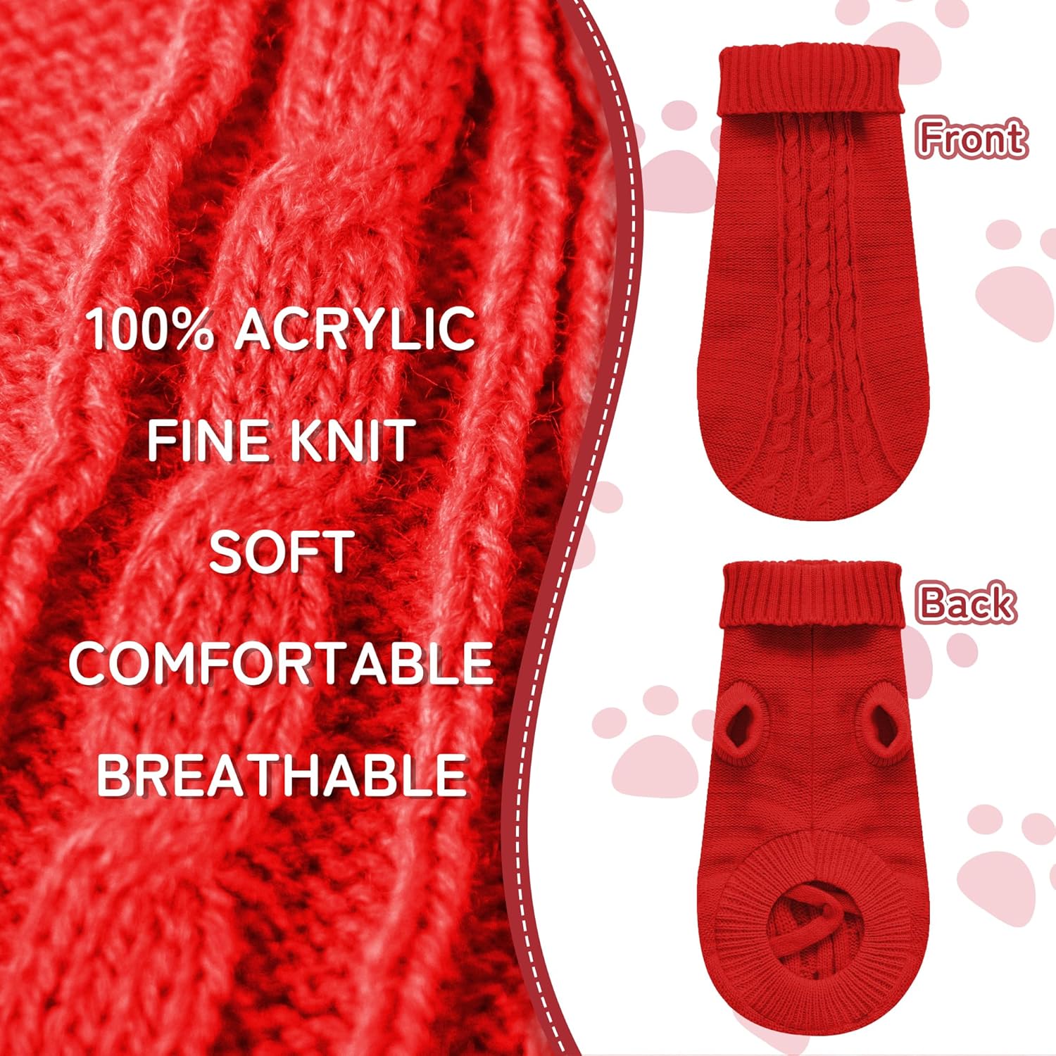 Knitted Dog Sweater for Small Dogs, Pullover Turtleneck Pet Sweaters, Winter Dog Clothes, Warm Soft Winter Holiday Cat Sweater, Red, XS