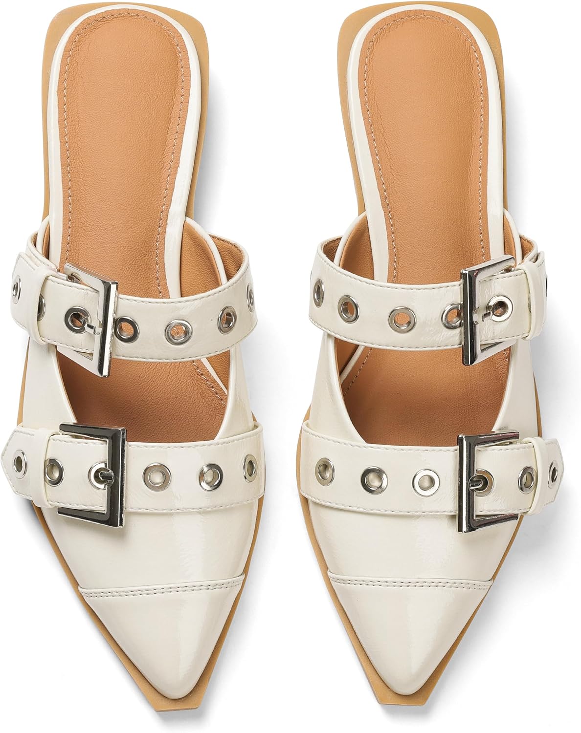 Buckle Flats for Women Pointy Toe Wide Welt Buckled Mules Low Block Heel Slippers Mary Jane Shoes Comfortable Ballerina Flats - Image 5