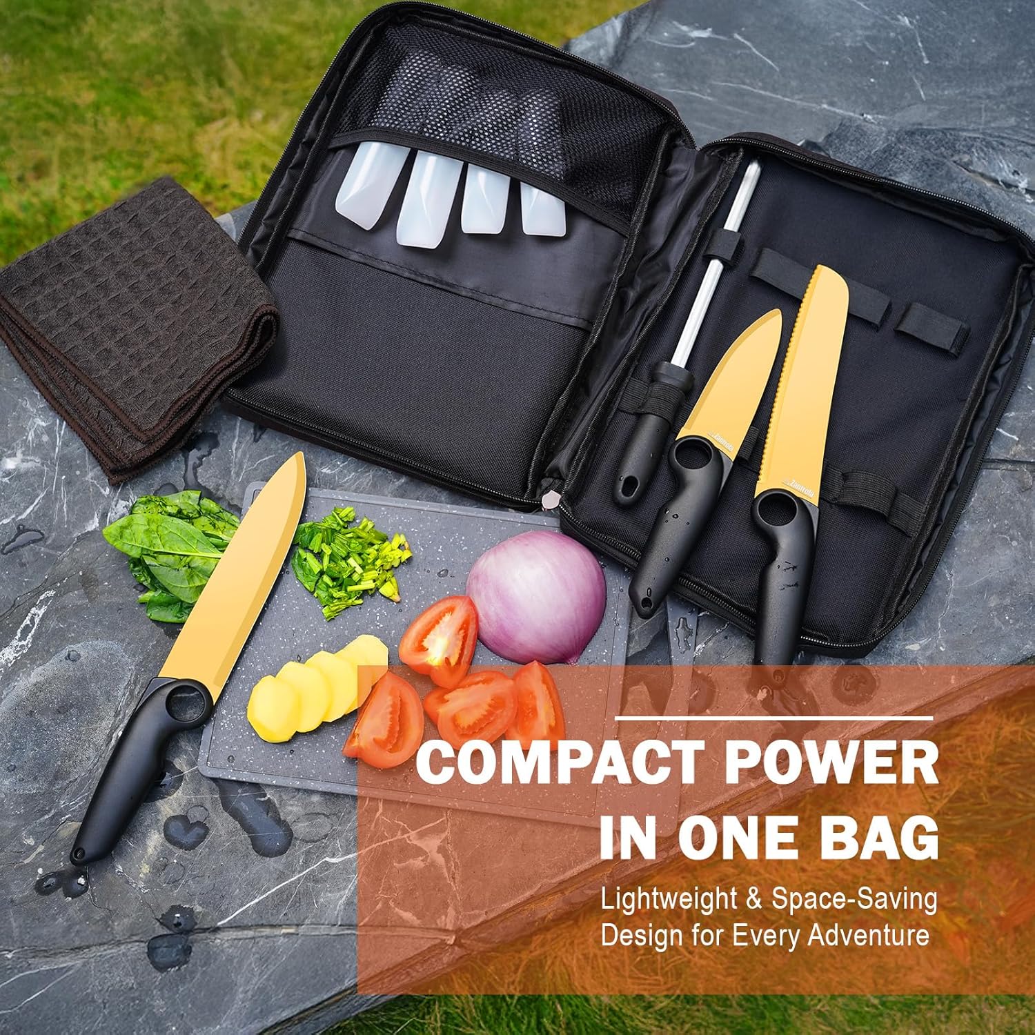 Outdoor Santoku Knife Set – 3 Titanium-Coated Knives with Grip Ring Handles, Sharpener, Cutting Board, Seasoning Bottles & Travel Case – Portable BBQ, RV & Beach Cooking Kit