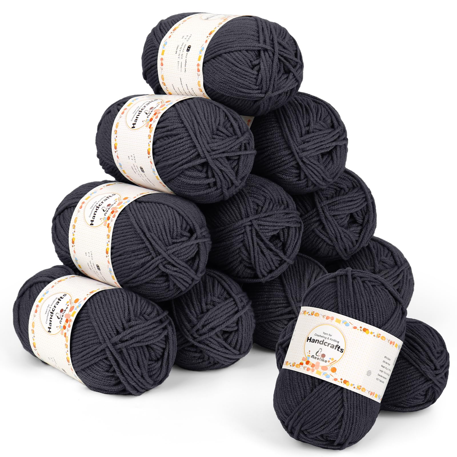 Aeelike 12 Pack Double Knitting Yarn Acrylic Wool Crochet Yarn 50g, 600g Soft 5Ply Milk Cotton Yarn Knitting Wool Set for Beginners Crochet Amigurumi, Baby Blanket, Socks and Scarves (Dark Grey) — image 1