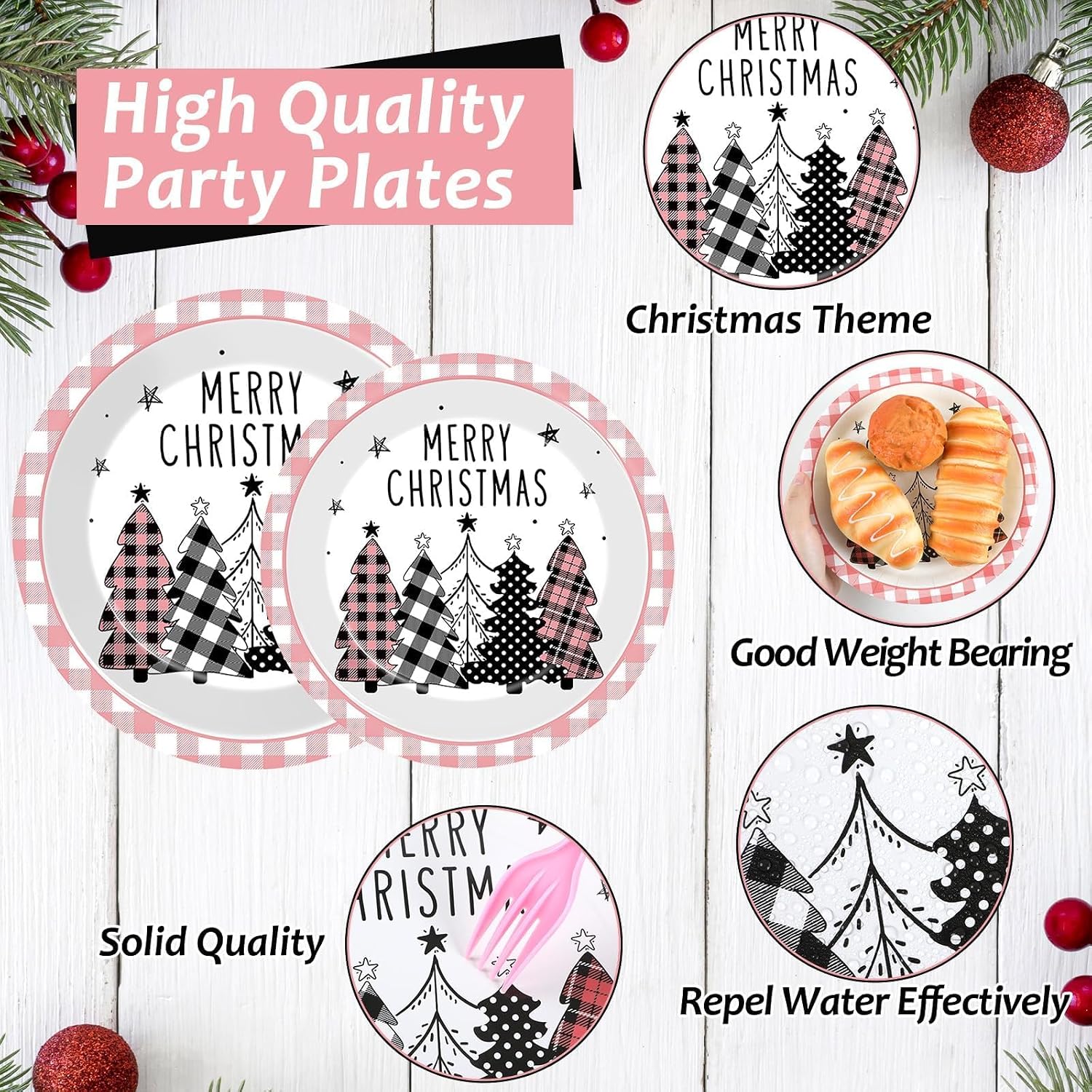 96PCS Merry Christmas Tree Party Plates and Napkins, Pink Plaid Party Decorations for Xmas Winter Holiday Party Dessert Plates, Pink Buffalo Plaid Tableware Decor, Serves