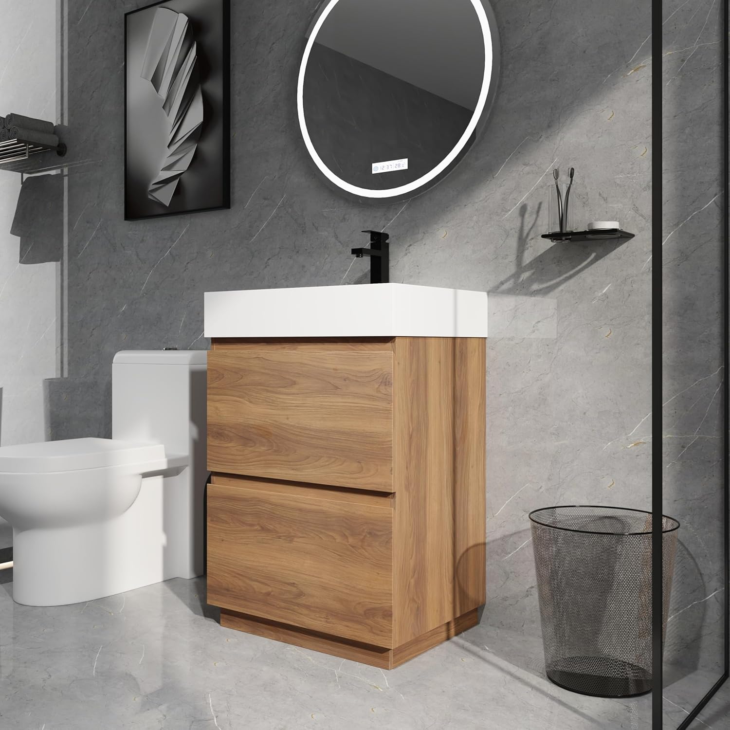 24" Bathroom Vanity with Sink, Freestanding Bathroom Sink Cabinet with Double Drawer, Engineering Wood Vanity Bathroom, Modern Bathroom Cabinet, Brown