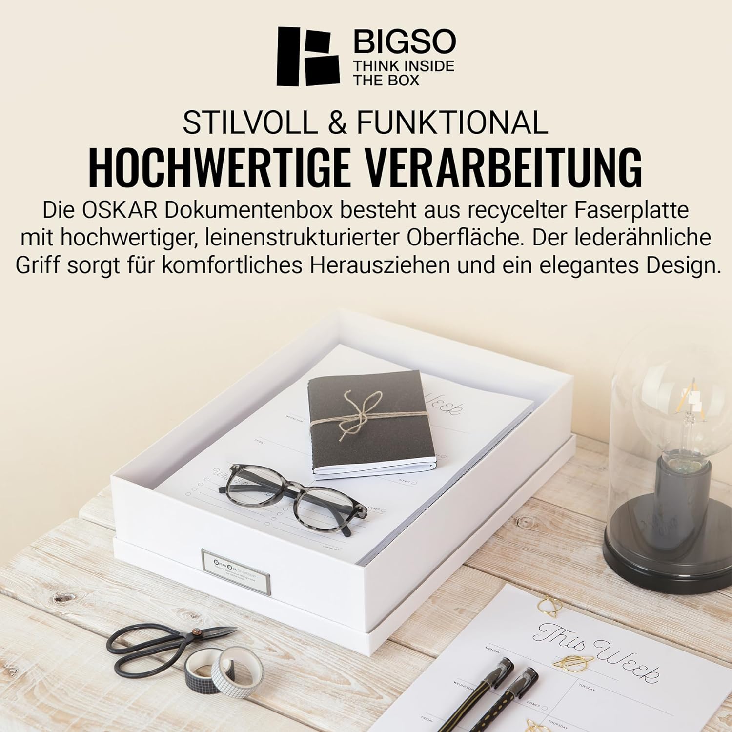 Bigso Box of Sweden Document Box for A4 Paper, Brochures and Notes - Box with Lid and Handle - Fibreboard and Paper Box Storage with Lid - White