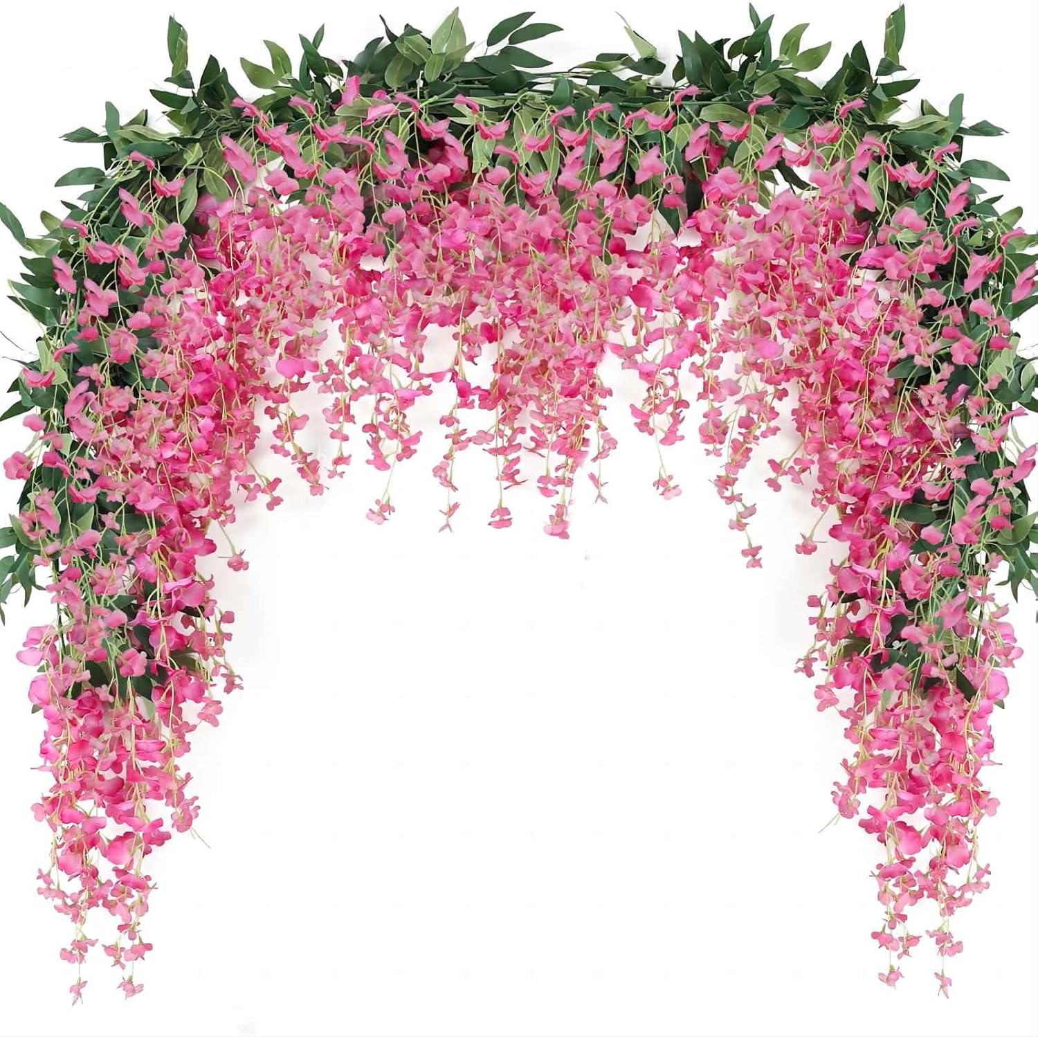 JUSTOYOU 3PCS 7FT 12 Stem Artificial Wisteria Vine Garland Fake Flower Wisteria Garlands for Outdoor Indoor Wedding Wall Badroom Decoration(Fuchsia)