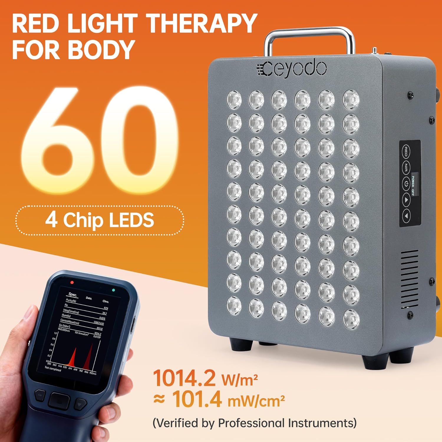 Red Light Therapy for Body, 4 Chip LED Light Therapy Panel with Near-Infrared Light 630nm 660nm 850nm 940nm, 138W High Power 60 LED Red Infrared Light Device, Includes Hanging Kit & Handle,Grey - Image 6