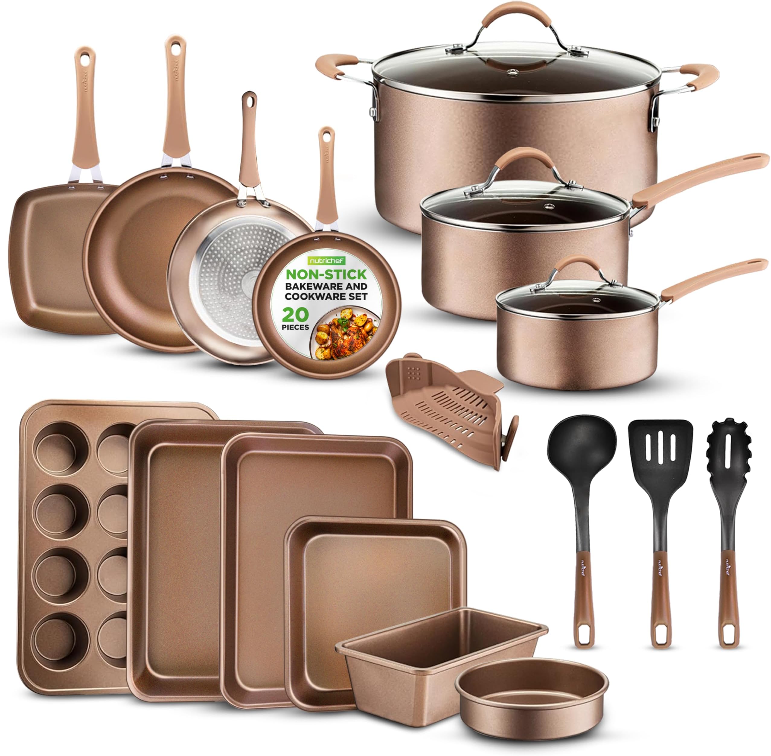 NutriChef ノンスティックキッチン調理器具20点セット - PFOA/PFOSフリー 耐熱ラッカーキッチン用品 耐熱皿 フライパン 調理鍋 調理器具付き