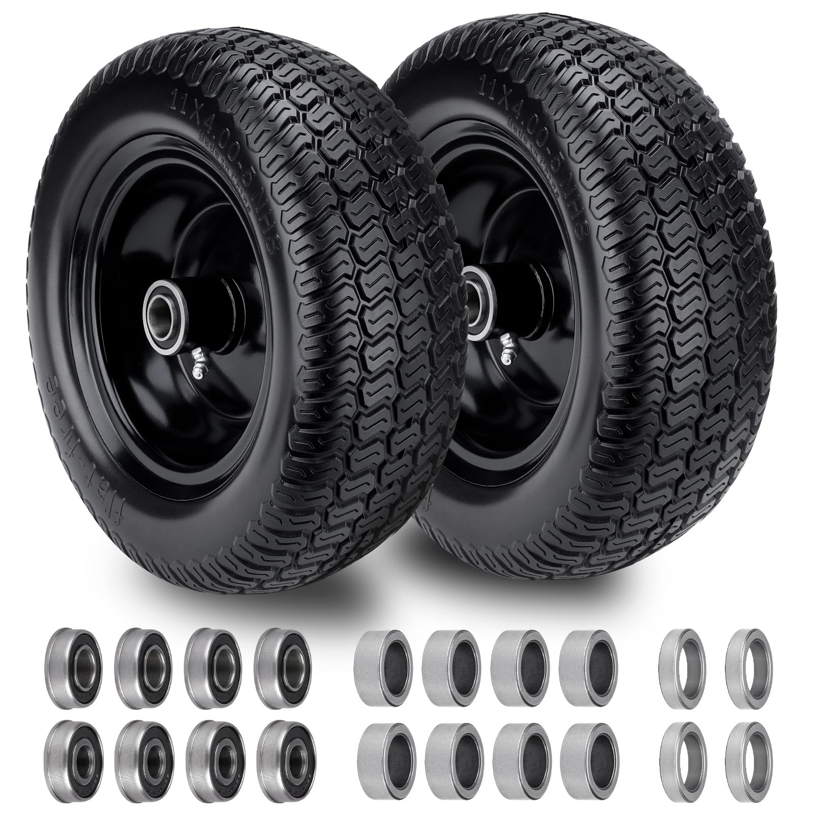 2 Pcs 11x4.00-5 Lawn Mower Tires Flat Free and Wheel, Universal Smooth Solid 11x4-5 Zero Turn Mowers Front Tires With 3/4" 5/8" 1/2" Ball Bearings, 3.4"-5.6" Centered Hub, For Residential & Commercial