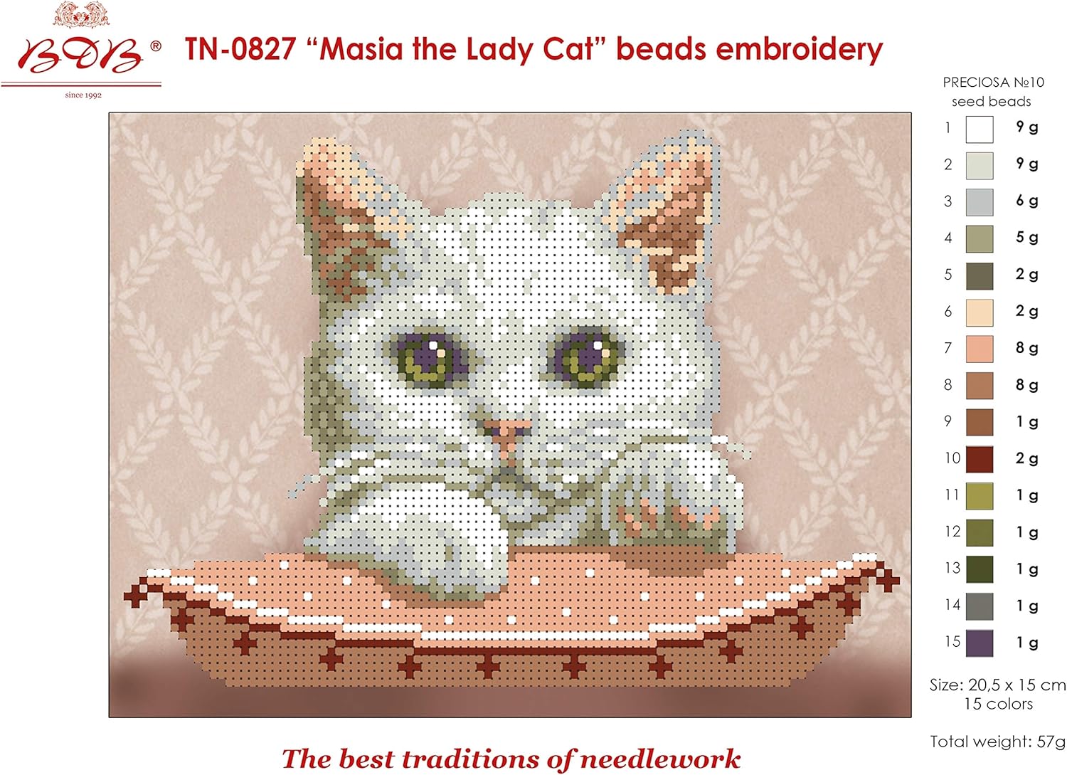 Masia The Lady Cat; Bead Embroidery kit; Contemporary Embroidery; 100% Glass Seed Beads Preciosa; Needlepoint; Handcraft; Tapestry kit; Needle Arts Decor