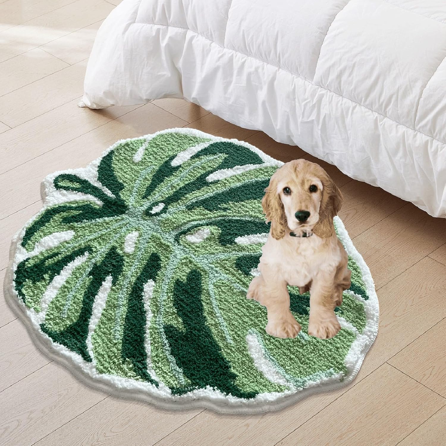Cute Bathroom Rugs with Green Leaf Mat, Non Slip Palm Shaped Plush for Shower Floor, Kitchen, Bedroom, Kids Room, Bathtub Rug Machine Washable, 26’’ x 31.5’’, Monstera