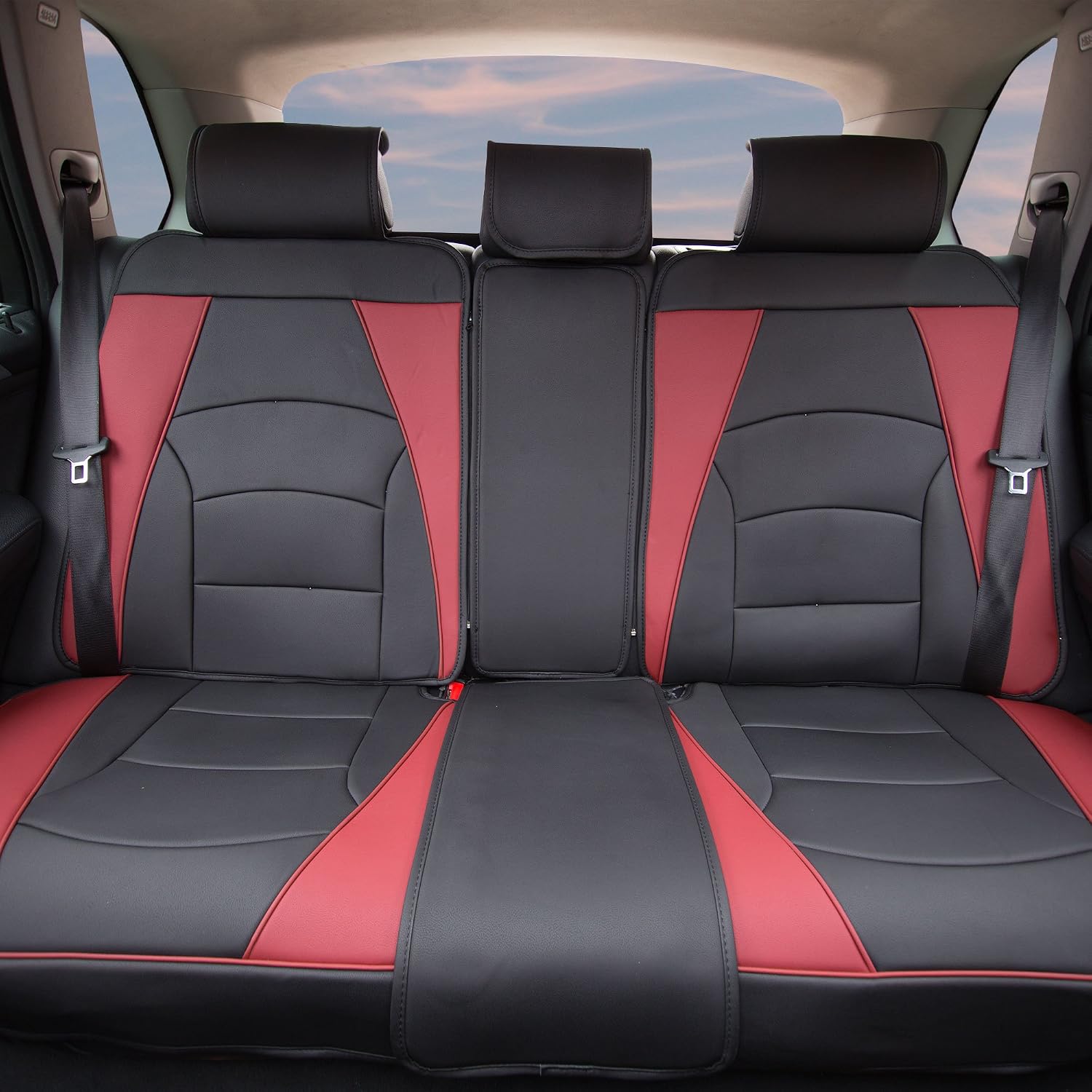 FH Group Ultra Comfort Highest Grade Faux Leather Full Set Cushion Pads Car Seat Covers for Front and Rear– Universal Fit for Cars Trucks & SUVs (Burgundy/Black)