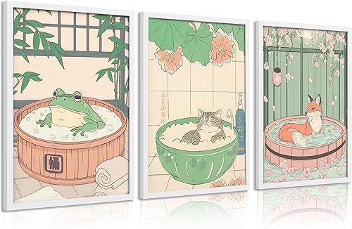 Arte de pared retro japonés para baño, imágenes de gato y rana en la bañera, decoración de pared de animales de zorro, lienzo de baño de colores