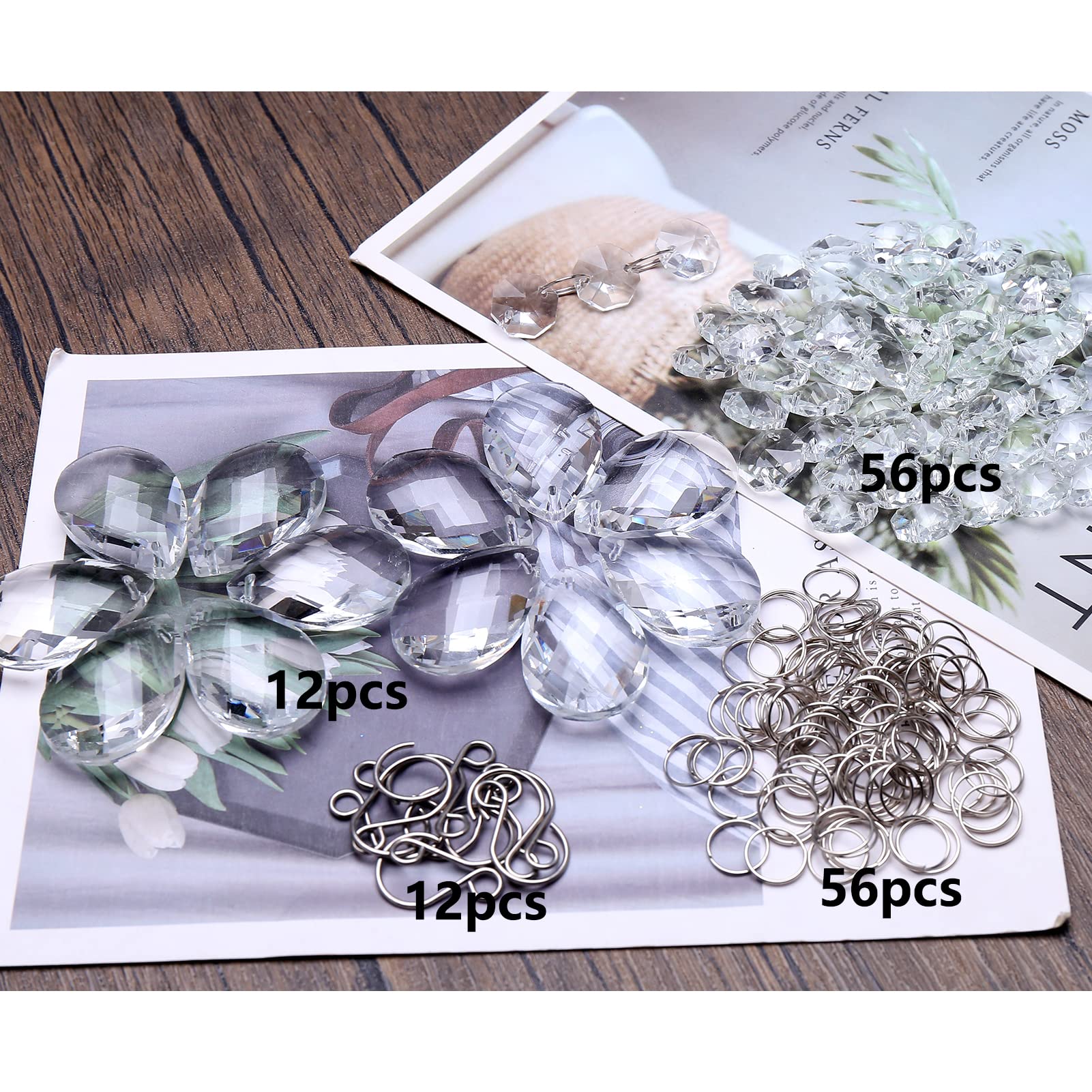 YIEUR 12 sztuk kryształowych zawieszek łapacza słońca z 56 białymi koralikami, 38 mm krople szkła kryształowego, żyrandol, łapacz światła, kryształowe zawieszki, pryzmaty do okien, ogrodu, dzwonków