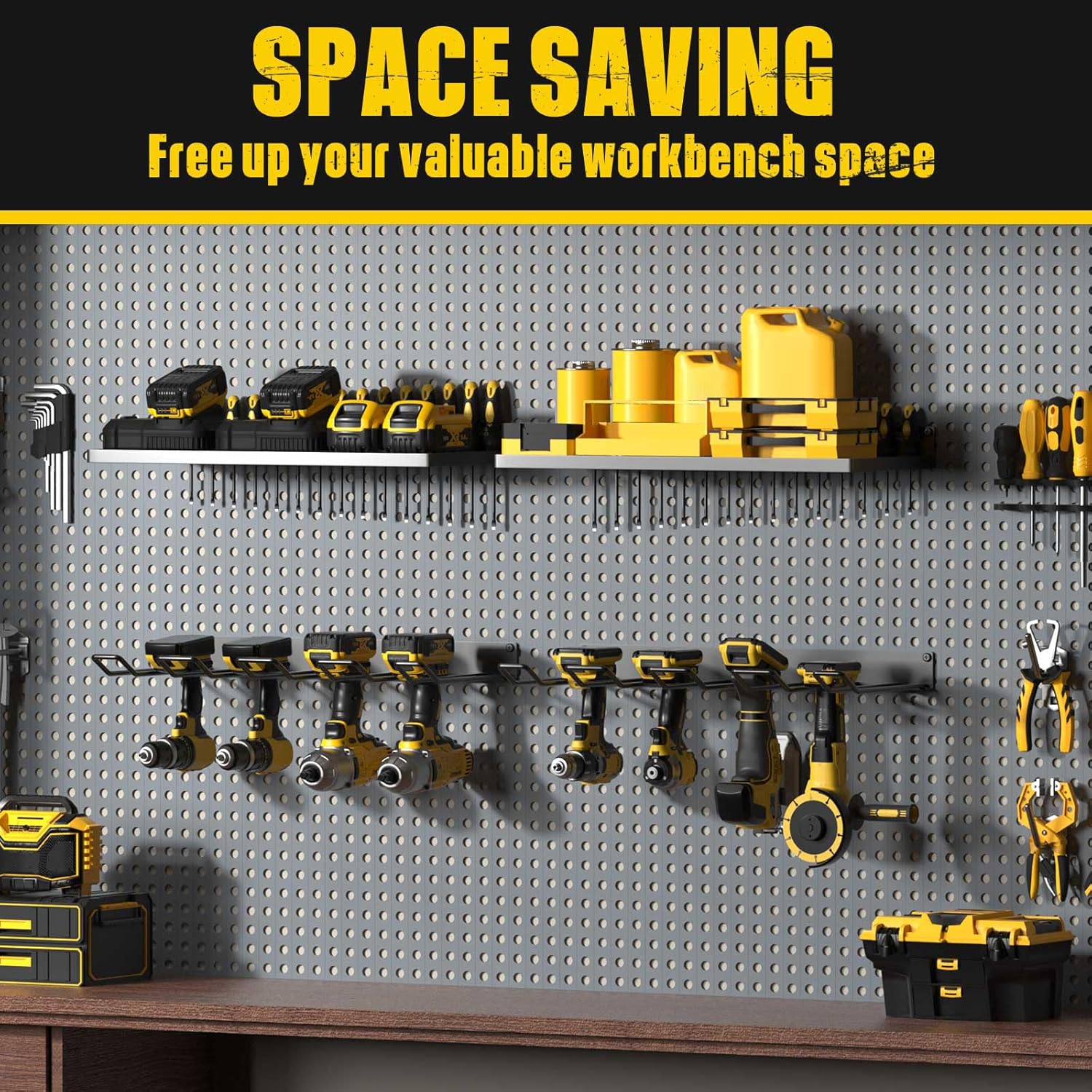 MOOMSINE Power Tool Organizer Wall Mount, Heavy Duty Tool Organizers and Storage, Cordless Drill Holder and Battery Shelf, Metal Storage Rack for Garage Organization (Drill 2 racks & 2 shelves)