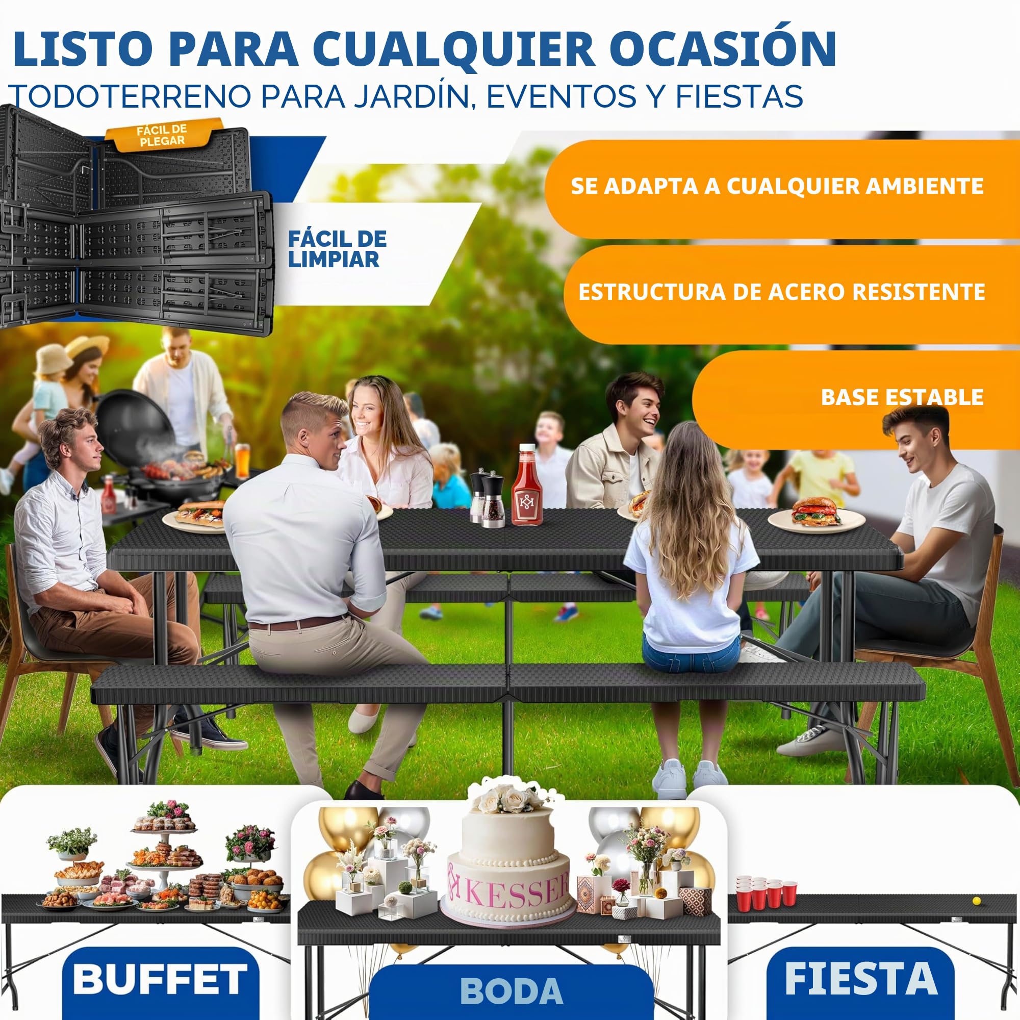 KESSER® Juego de Tienda de Cerveza - Juego de 3 Piezas, Mesa + 2X Banco, Mesa Plegable, Plástico, Juego de jardín con Aspecto de ratán/Plegable, Asas de Transporte, 73x180x75 cm, Negro