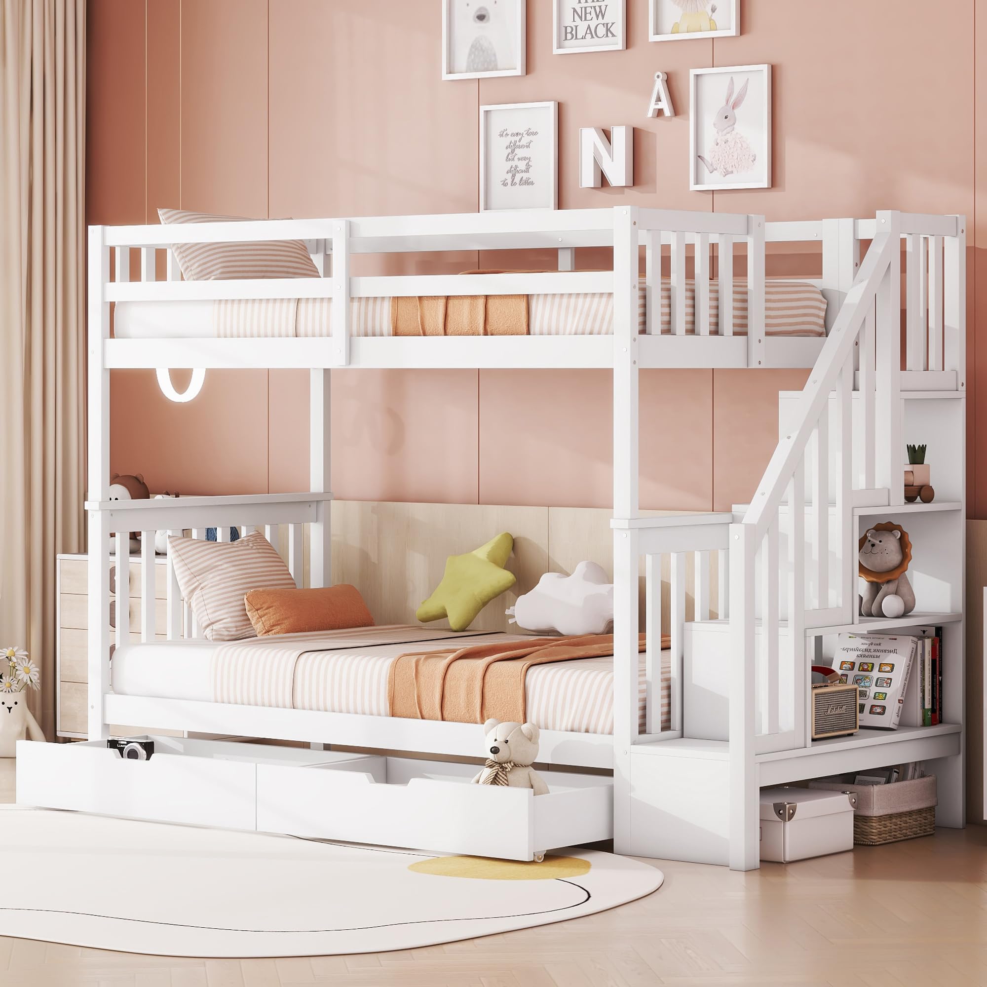 Rtopsu Etagenbett Kinderbett 90x200 cm für 2 Kinder, Hochbett Holzbett mit Treppe und 2 Stauraum Schubladen, Bett mit Rausfallschutz und Lagerregal, Hausbett mit Lattenrost, Weiß, Ohne Matratze