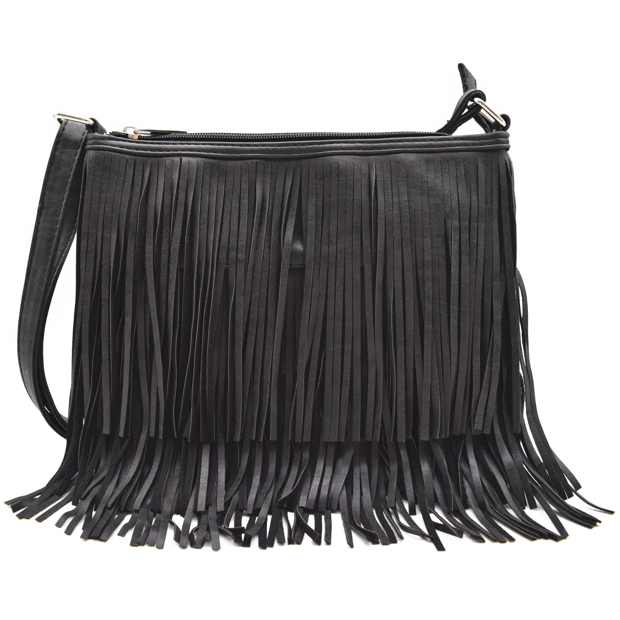 Western Cowgirl Fashion Style Leather Fringe Crossbody Handbags Women Purse Country Everyday Shoulder Bag, Black, L