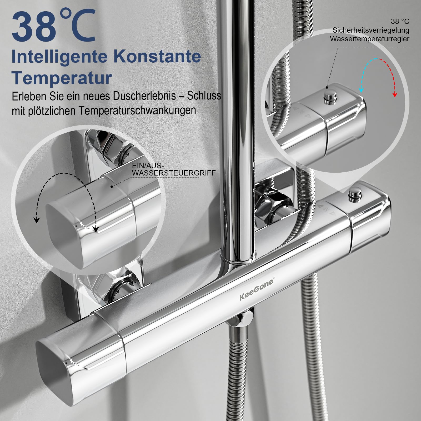 Duschsystem mit Thermostat Edelstahl Regendusche 25cm Handbrause 3 Strahlarten Duscharmatur Komplettset Höhenverstellbar mit Anti-Verbrühungsschutz Wassersparend Einfach Installieren