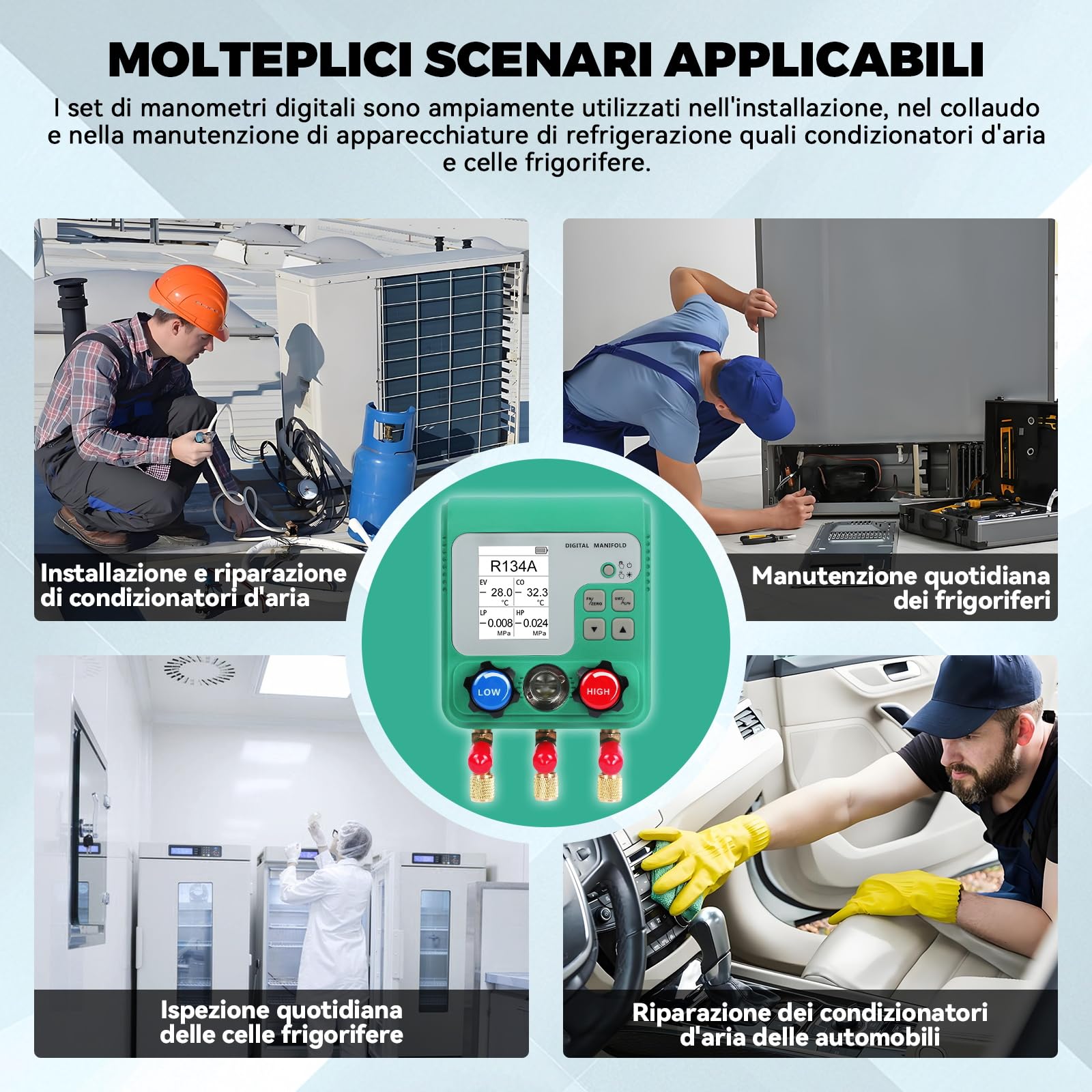 KAISAL Digitale Manometro Condizionatori Display LCD Kit Ricarica Aria Condizionata Auto Adatto alla carica di 92 refrigeranti Manifold Gauge Kit per R134A R410A R32 Refrigerante