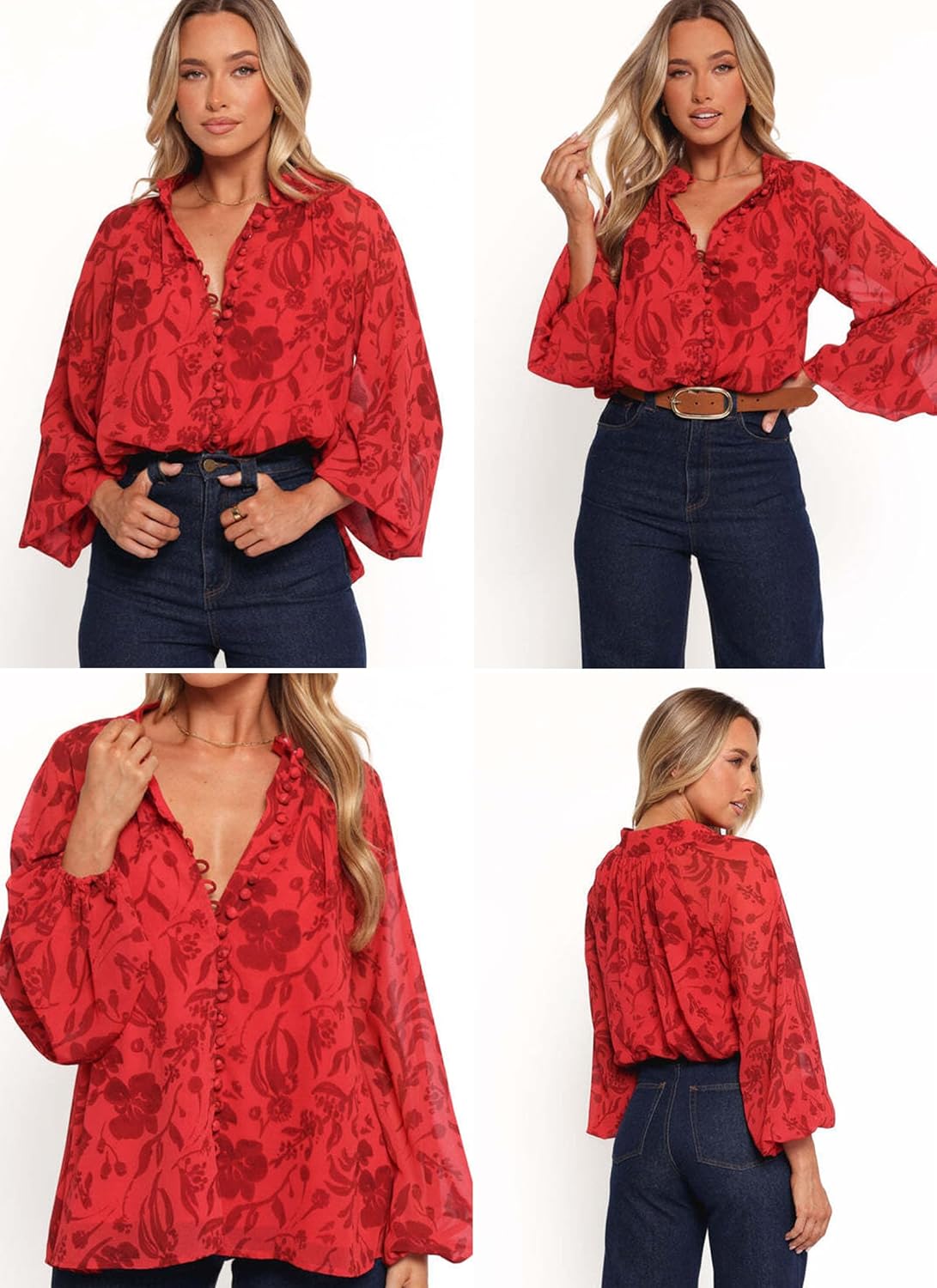 AGSEEM Womens Button Down Shirts Lantern Long Sleeve Boho Floral Print Chiffon Dressy Business Casual Blouses Tops 2026 - Image 5