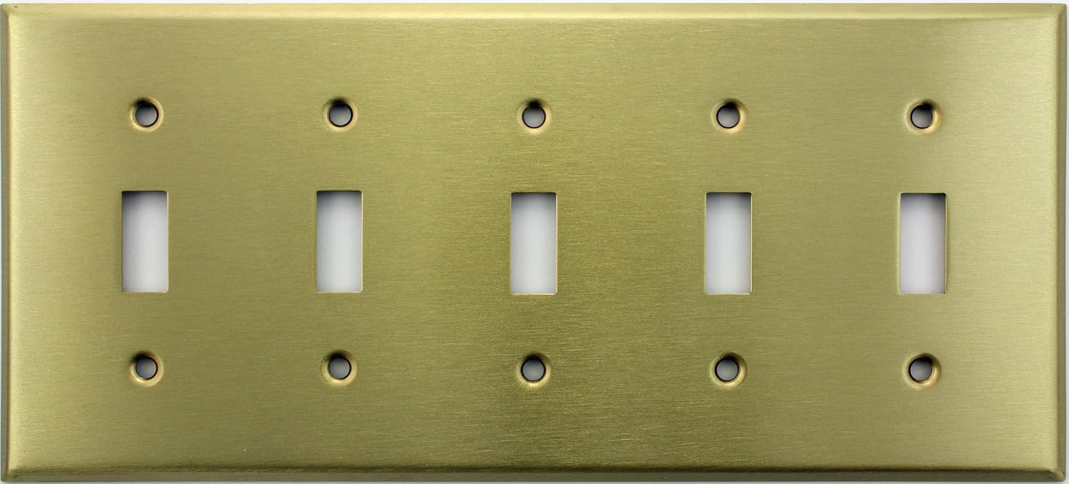 Stamped Satin Brass 5 Gang Toggle Switch Wall Plate