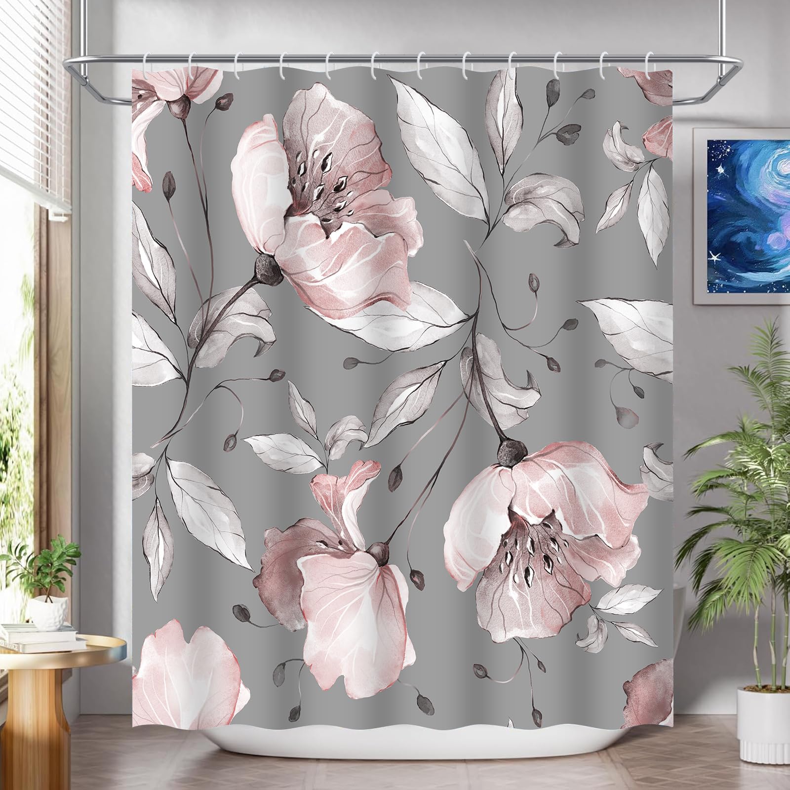 Rideau de douche fleur rose pour une salle de bain zen et baignoire propre
