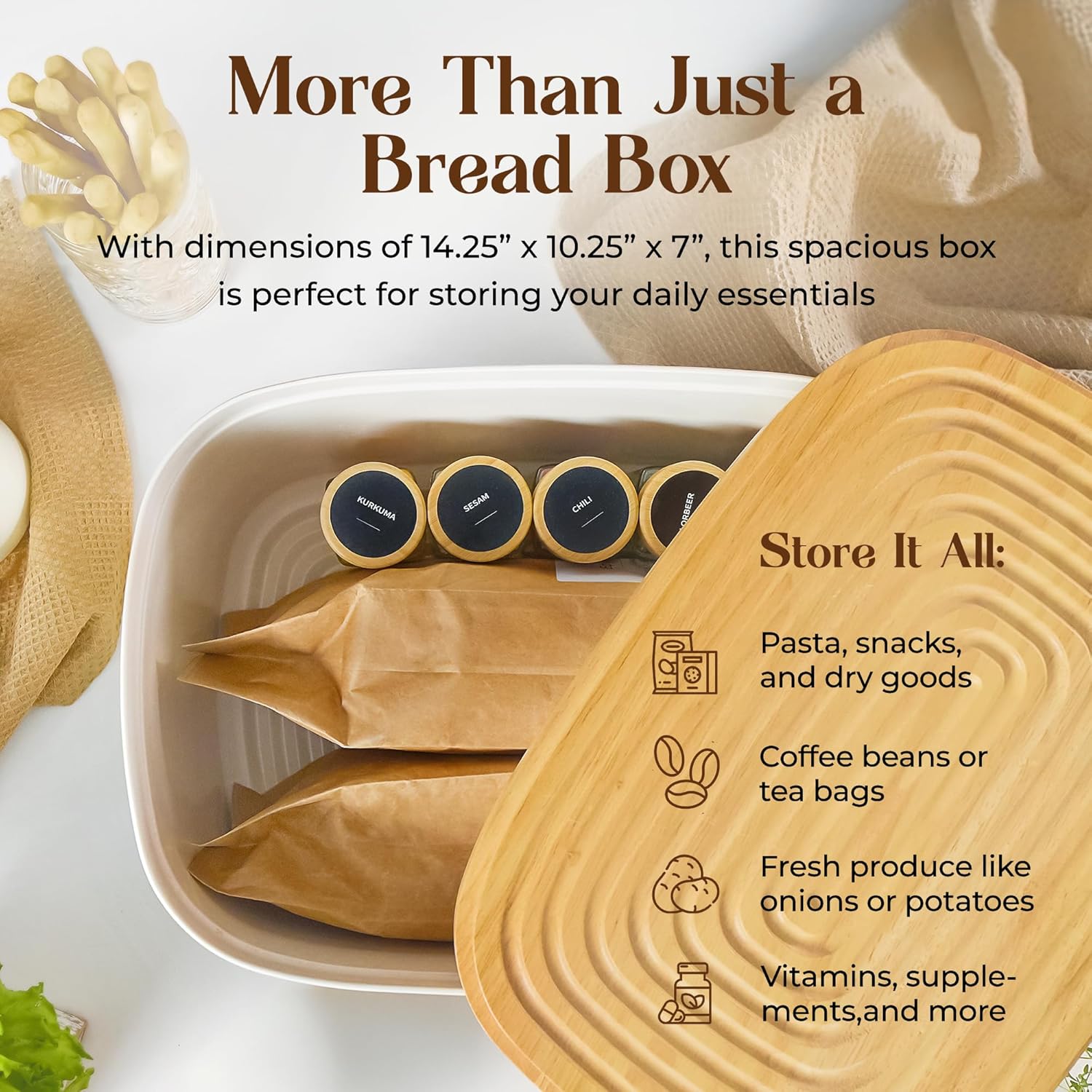 Extra Large Bread Box for Kitchen Countertop with 2 Bread Bags - Sturdy Modern Construction, Ribbed Design Keeps Bread Fresh Longer - Large Sourdough Bread Box with Cutting Board Lid (White)