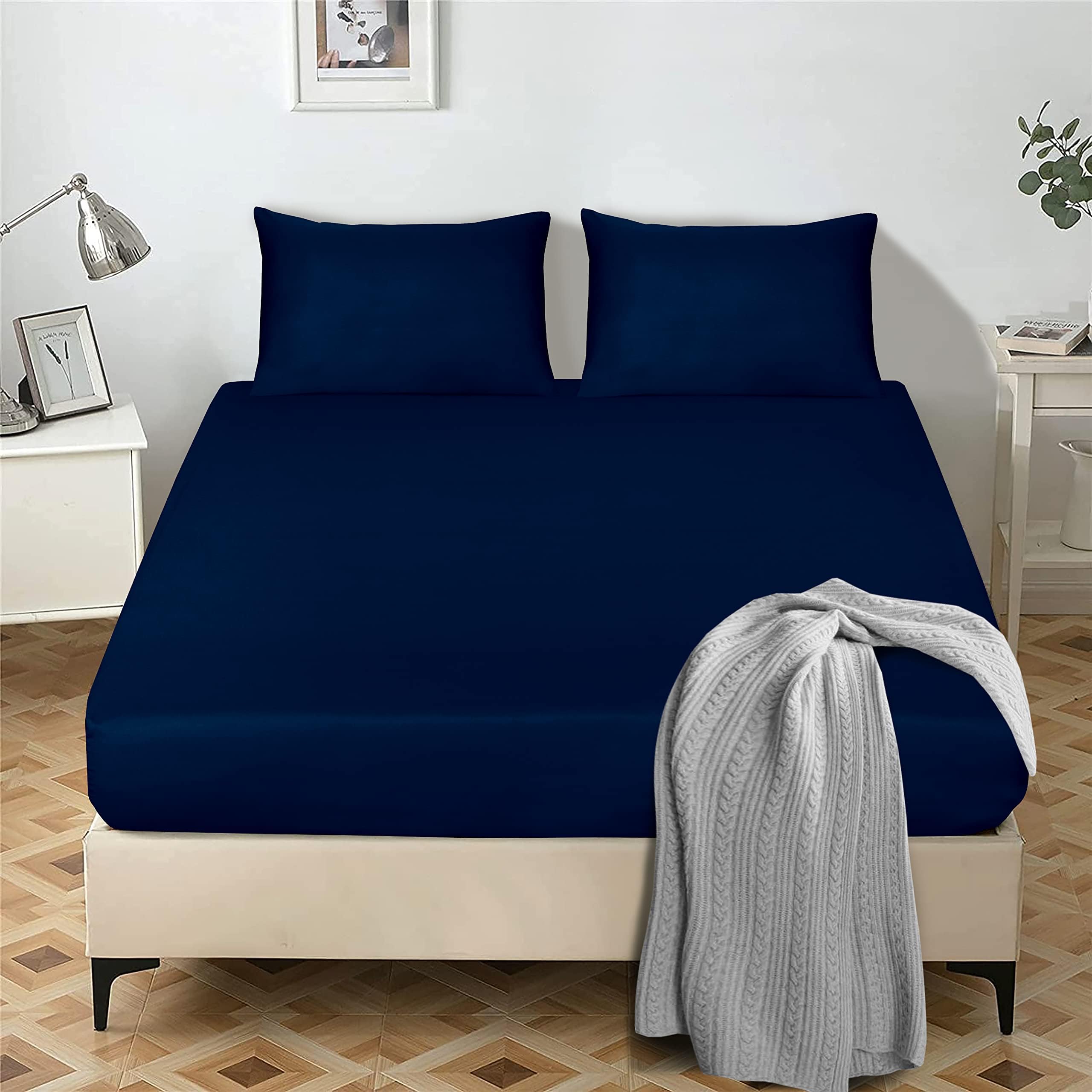 My home store Fitted Sheet 25 cm Deep Brushed Microfiber Ultra Soft No-Iron Wrinkle-Resistant Plain Dyed Fitted Bed Sheets Hypoallergenic Breathable Sheets (Navy Blue, King)
