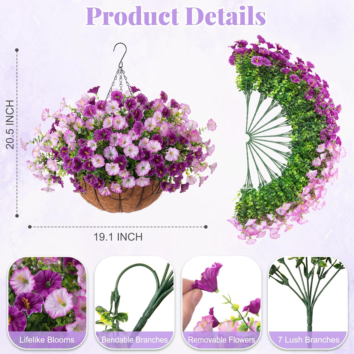 Artificial Fake Hanging Flowers with Basket for Outdoors, Faux Petunias Flowers Fake Hanging Plants with Eucalyptus Realistic UV Resistant for Patio Garden Porch Balcony Yard Decor(Double Purple)