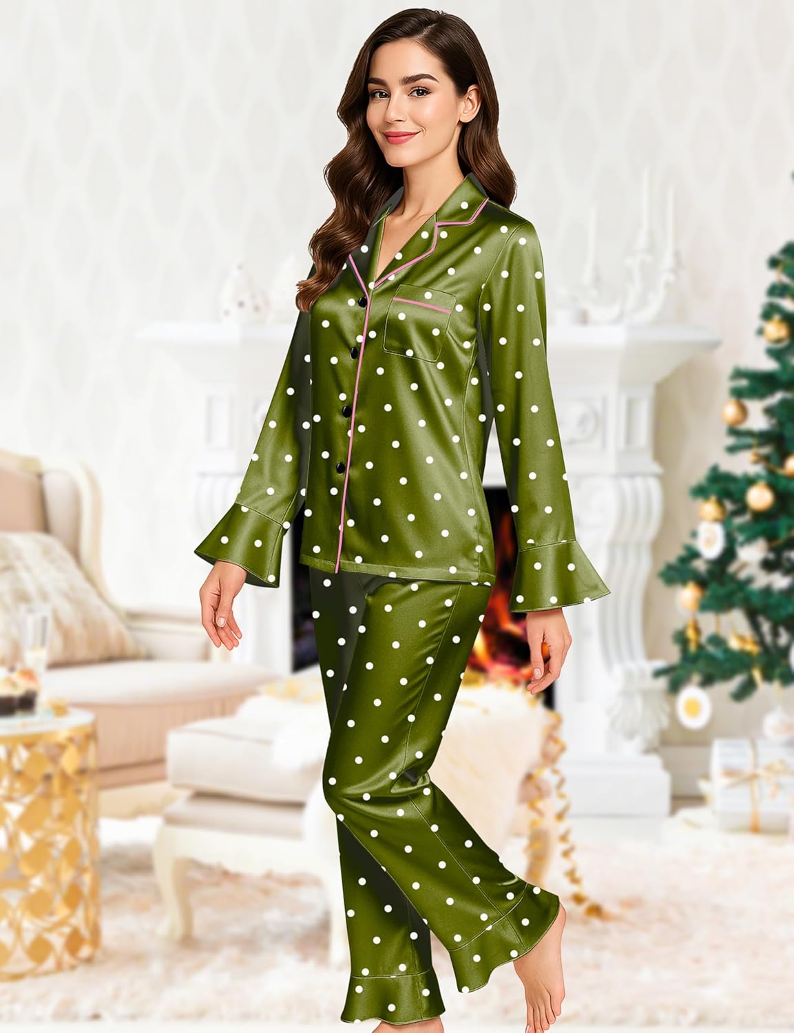 EPLAZA Silk Pajamas for Women Satin Pajamas Set 5 Pcs Long Sleeve Ruffle Button Down Pjs Sleepwear Loungewear Set - Image 5