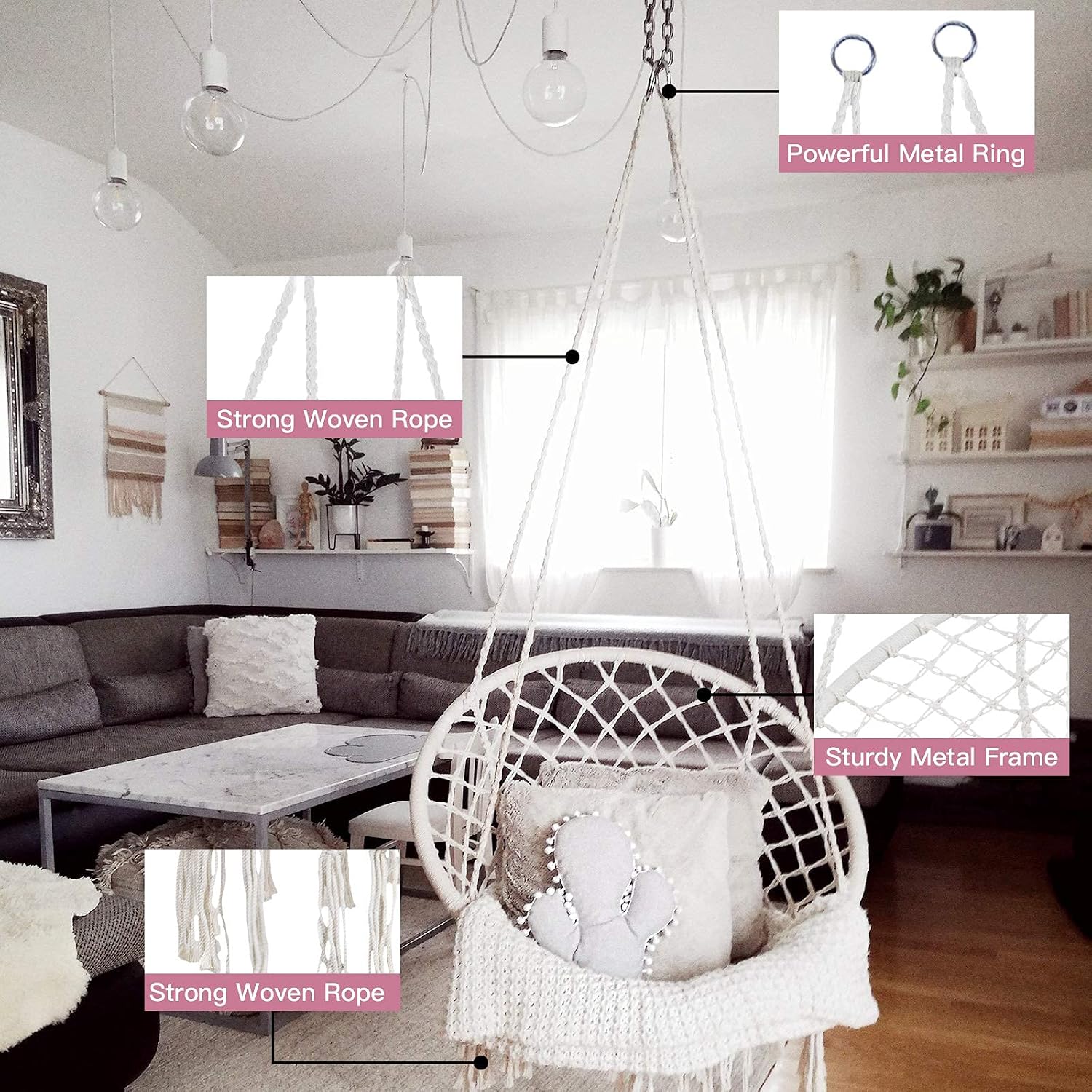YRYM HT Macrame Swing Chair with Hardware Kit, Exquisite Dreamy Cotton Rope Hanging Swing Chair for Bedroom, Hammock Chair for Indoor, Outdoor, Patio, Yard(Max 330 LBS, Beige)