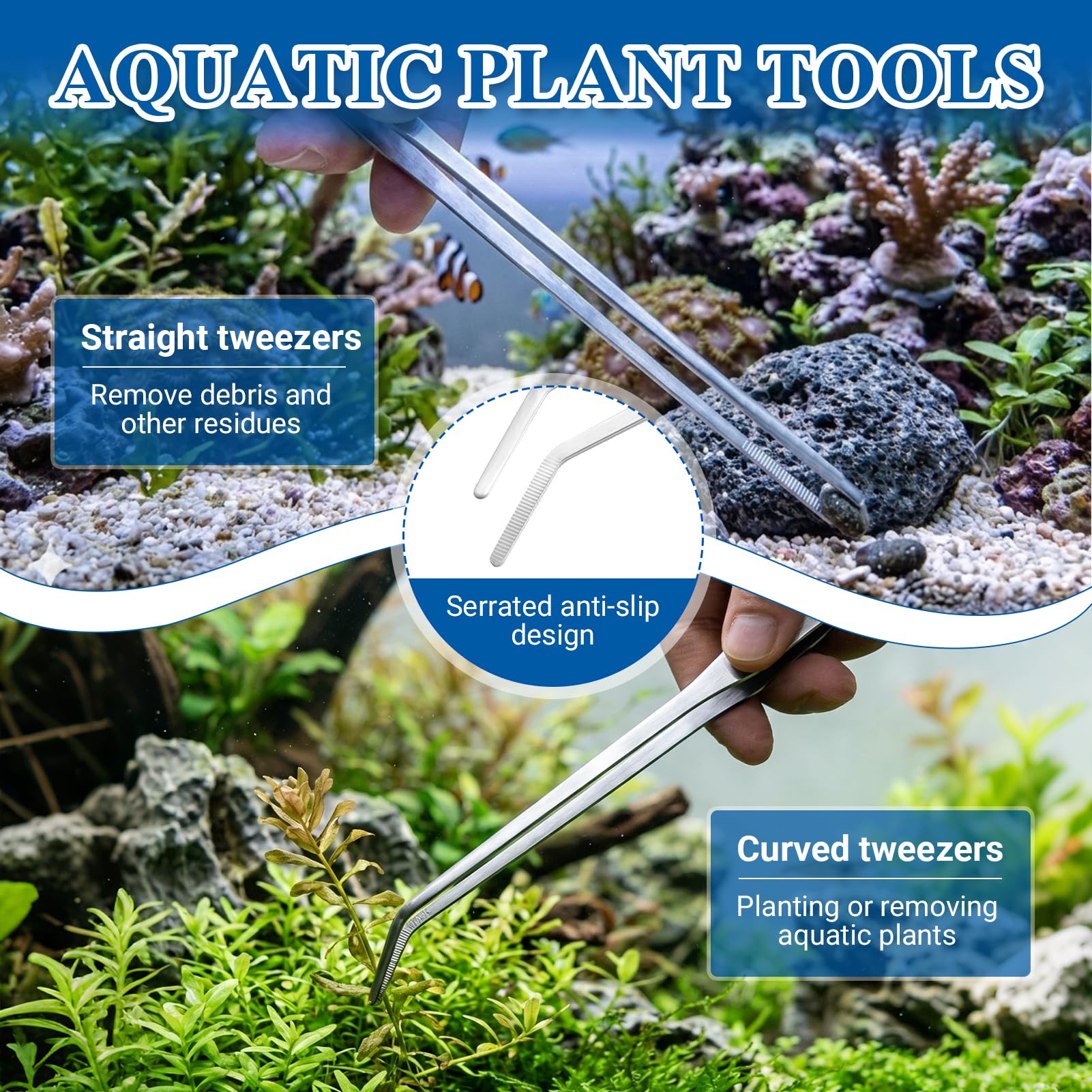 Kit Outils Aquarium, 3 Pièces en Acier Inoxydable Pince Droite Pince Courbe et Ciseaux pour Aquascaping Entretien de Plantes Aquatiques et Nettoyage de Terrarium Antirouille et Précis - 3