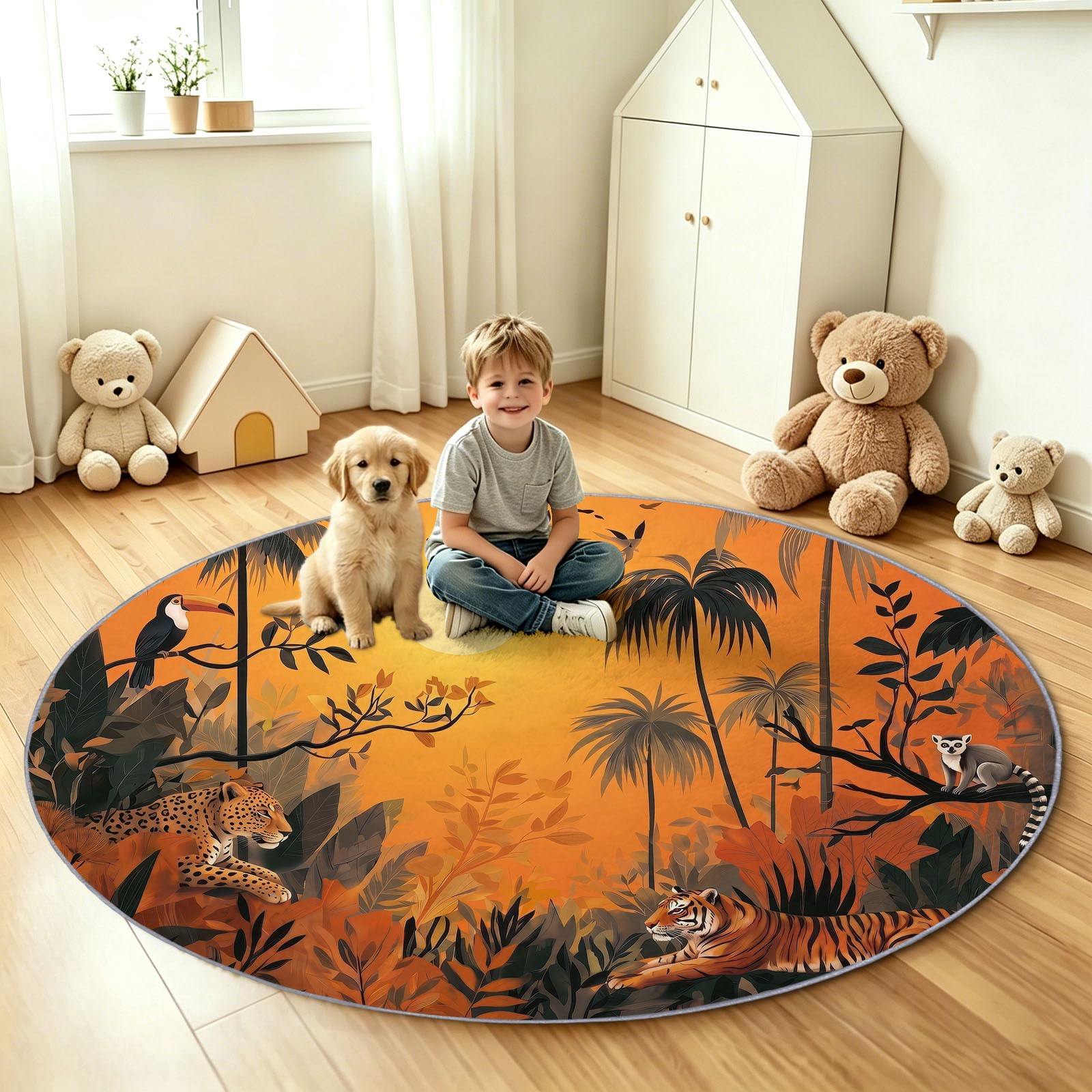 Tappeto rotondo a pelo corto per soggiorno, motivo paesaggio naturale, rotondo, 140 cm, con tigre, leopardo, giungla, tramonto, lavabile, extra morbido, antiscivolo, per la cameretta dei bambini e la