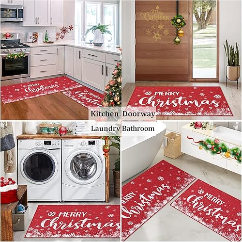 Miniatura 7 de CAROMIO Juego de 2 tapetes de cocina de Navidad, con texto en inglés "Merry Christmas" y copos de nieve, antideslizantes, para decoración del hogar,