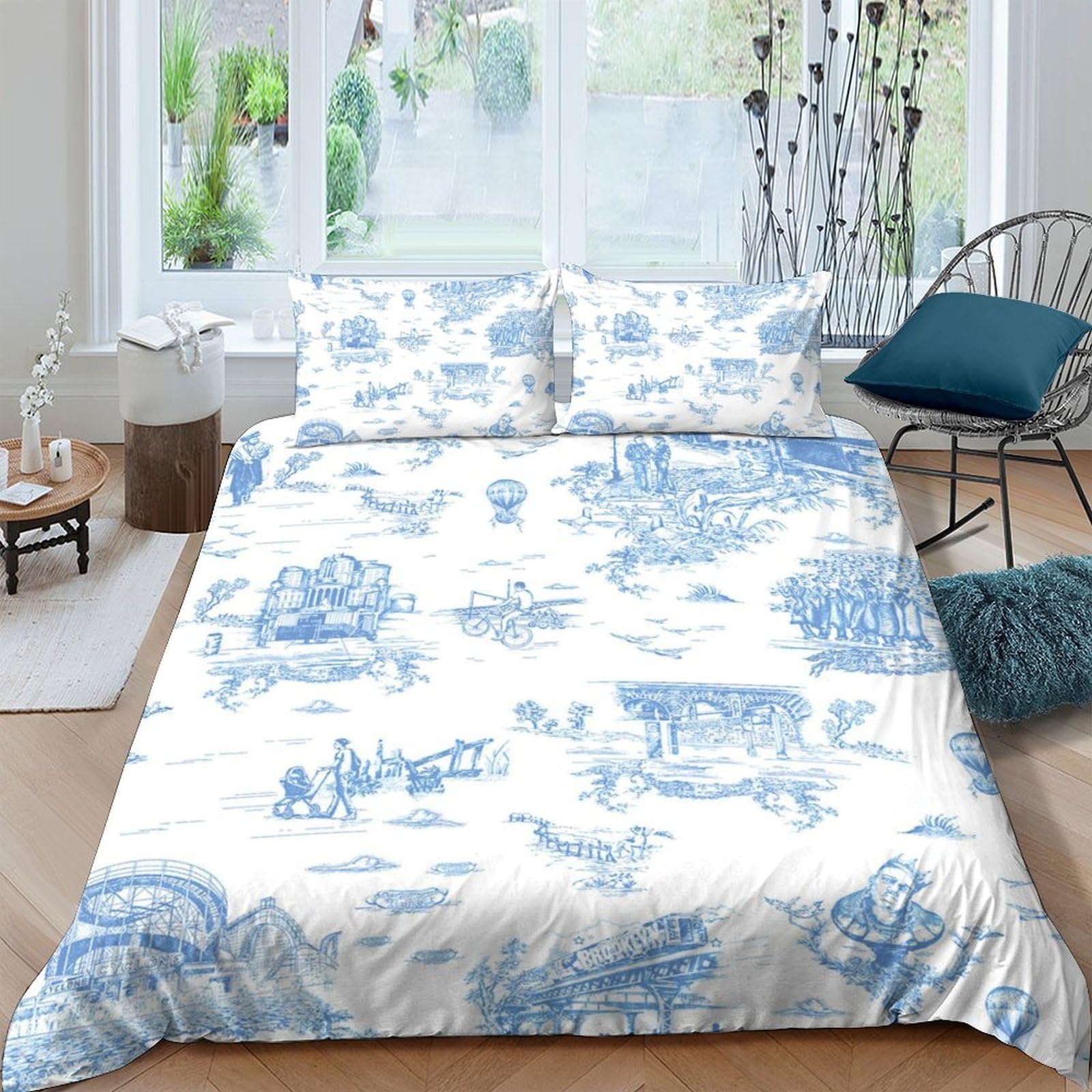 Ctjqhvkz Style-10 3D Printed Blue Toile De Jouy Fitted Sheet Microfiber Soft Bedroom Decor Pastoral Landscape Mattress Cover Single（135X200cm）